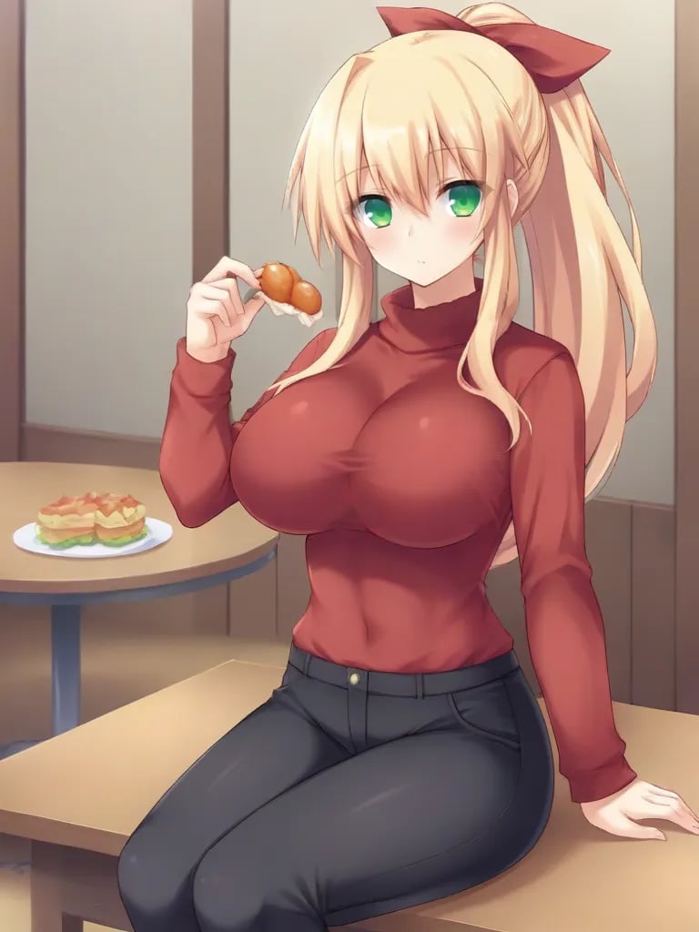 <lora:mahoshoharukapony:1>1girl, solo, obikiharuka, blonde hair, long hair, ponytail, hair ribbon,green eyes, large breasts, red shirt, long sleeves, sweater, black pants, sitting, indoors, holding, food, table, looking at viewer