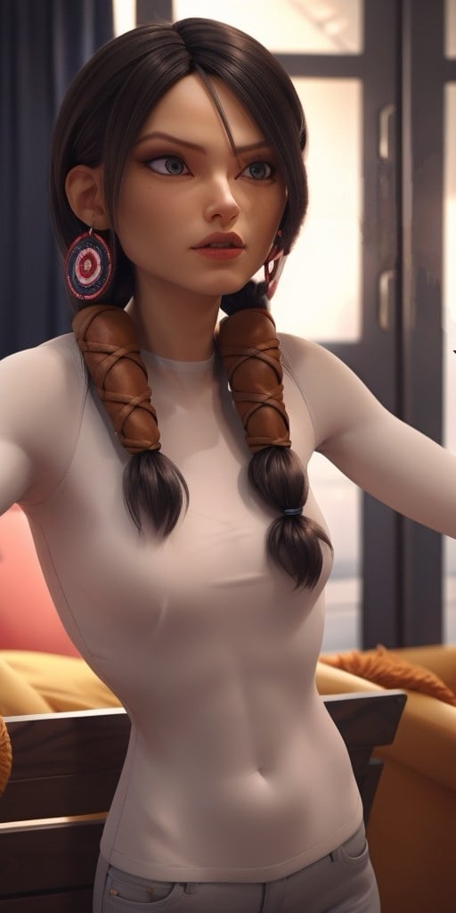 Hyperrealistic, photorealistic, super detailed, black hair, fifteen years old, expressive grey eyes, body like in real life, large pores, slender, light brown skin, beautiful arms, very little breasts, unreal engine, octane render, droped shadow, bokeh, cinematic lighting, <lora:add_detail:0.5>, <lora:Volumetric_lighting:0.6>, hair is parted down the middle braided at the sides and wrapped in leather, gray eyes, fingernails are painted with a metallic blue nail polish, eyebrows are sharply curved at the outer ends, Birth mark can be seen under her left eye, , <lora:4dcdfb52-dfd4-4bd7-9c48-948e4f9c3676:0.7>