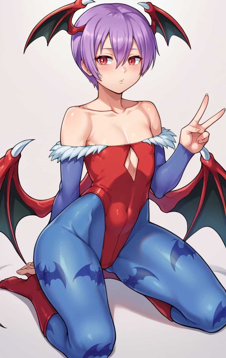 score_9,score_8_up,score_7_up,source_cartoon BREAK <lora:lilith10:1>,lilithSDXL,1girl,short hair,red eyes,hair between eyes,bare shoulders,collarbone,purple hair,:d,pantyhose,wings,flat chest,leotard,demon girl,bat wings,animal print,head wings,bridal gauntlets,yokozuwari,print legwear,red leotard,bat print,blue pantyhose,lilith aensland,cowboy shot,room,room background,kneeling, v,