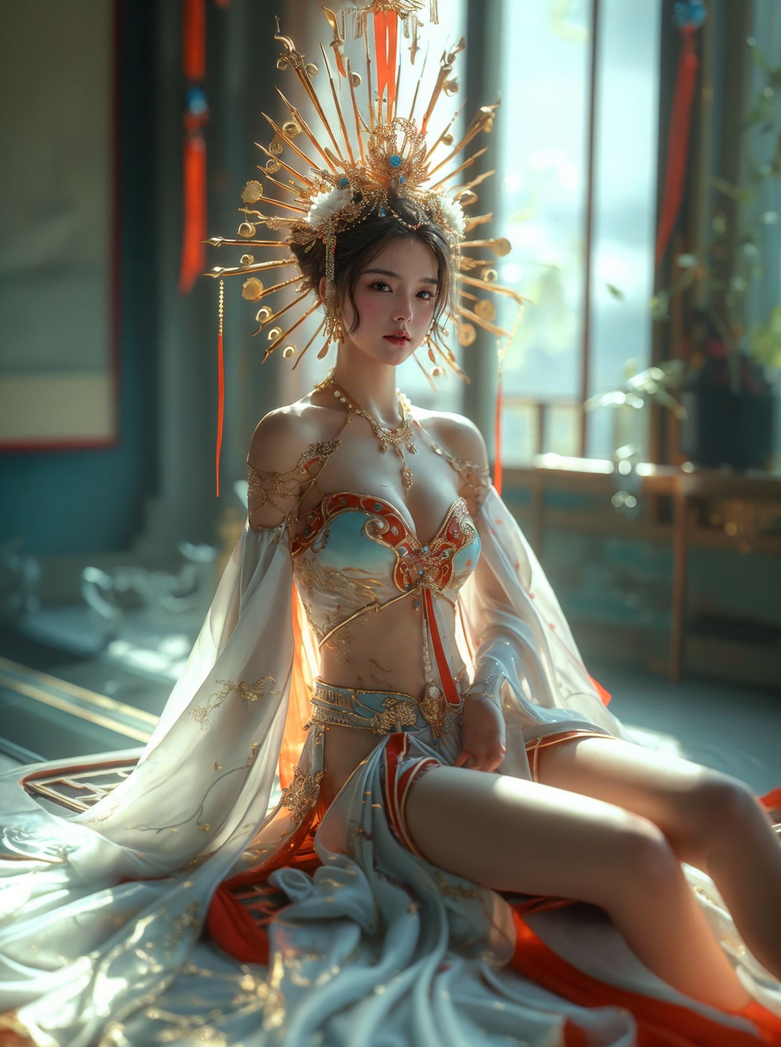 xuer Chinese goddess,1girl,sitting,breasts,jewelry,solo,cleavage,hair bun,necklace,indoors,hair ornament,blurry background,bare shoulders,medium breasts,looking at viewer,realistic,tassel,bare legs,earrings,brown hair,black hair,detached sleeves,parted lips,red lips,lips,strapless,navel,window,midriff,single hair bun,<lora:绪儿-中国女神 xuer Chinese goddess:0.75>,<lora:xuer a sense of story girl_20240320200924:0.5>,