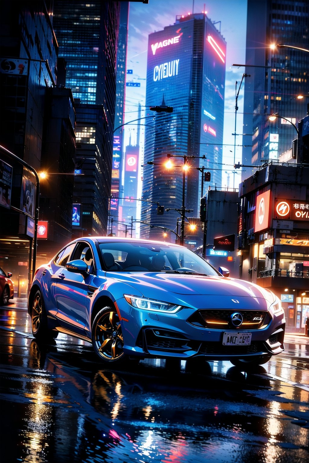 hyper realistic,metal,professional photo of a futuristic muscle car with multiple modifications, large wheels, driving, cybernetic hood, cyber car parts, front pop up headlights, science fiction, sci-fi scenario, (night), natural light, cyberpunk, futuristic city, cyberpunk city, neon signs, highly detailed, (highly detailed background), multiple buildings in the background, detailed textures, wide angle, 8k, HDR, professional photoshoot, high quality photo, realistic photo, realistic shadows, detailed shadows, realistic proportions,film grain, raw photo,(front),<lora:apstyle3diff:1> apstyle3 apstyle masterpiece best quality detailed eyes