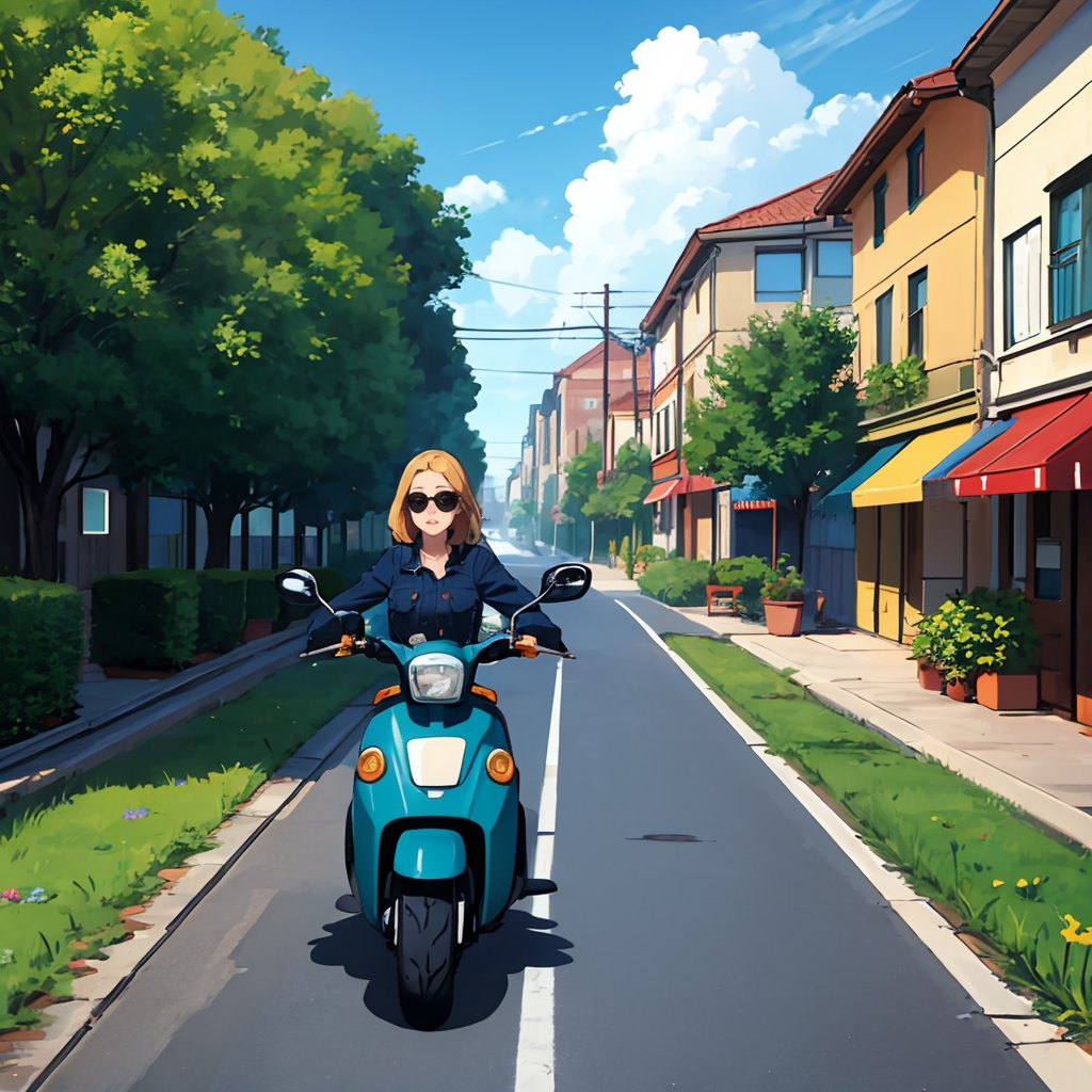 (best quality:1.4),(masterpiece:1.4),(8K:1.4),(extremely detailed:1.4),1girl,bag,bicycle,blue sky,building,bush,car,city,cliff,cloud,cloudy sky,day,driving,facial hair,flower,goggles,grass,ground vehicle,horizon,house,ivy,jacket,leaf,motor vehicle,motorcycle,mountain,ocean,outdoors,palm tree,pants,pavement,plant,potted plant,power lines,road,scooter,shirt,sky,street,sunglasses,town,tree,utility pole,vines,