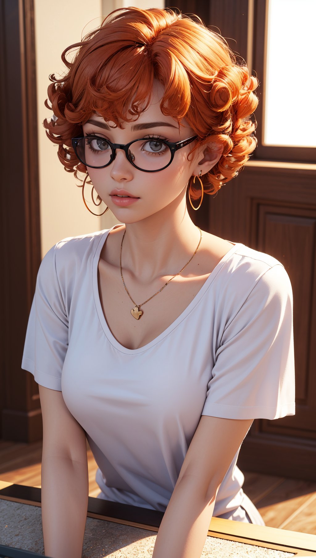 masterpiece,best quality,(3d:1.3),godrays,sunlight,1girl,bangs,black-framed eyewear,breasts,orange hair,(((curly hair))),closed mouth,collarbone,glasses,lips,looking at viewer,nose,round eyewear,shirt,short hair,solo,upper body,spade earrings,spade necklace,