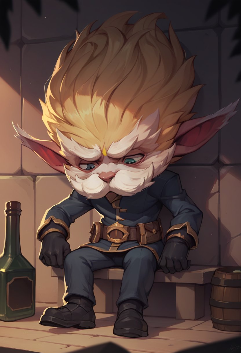 score_9, score_8_up, score_7_up, score_6_up, h3im3rding3r, 1boy, male focus, yordle, blonde hair, pointy ears, mustache, belt, pants, black gloves, gloves, black footwear, <lora:Heimerdinger_Default_v1:0.7>, solo, looking down, head tilt, exhausted, sad, alcohol 