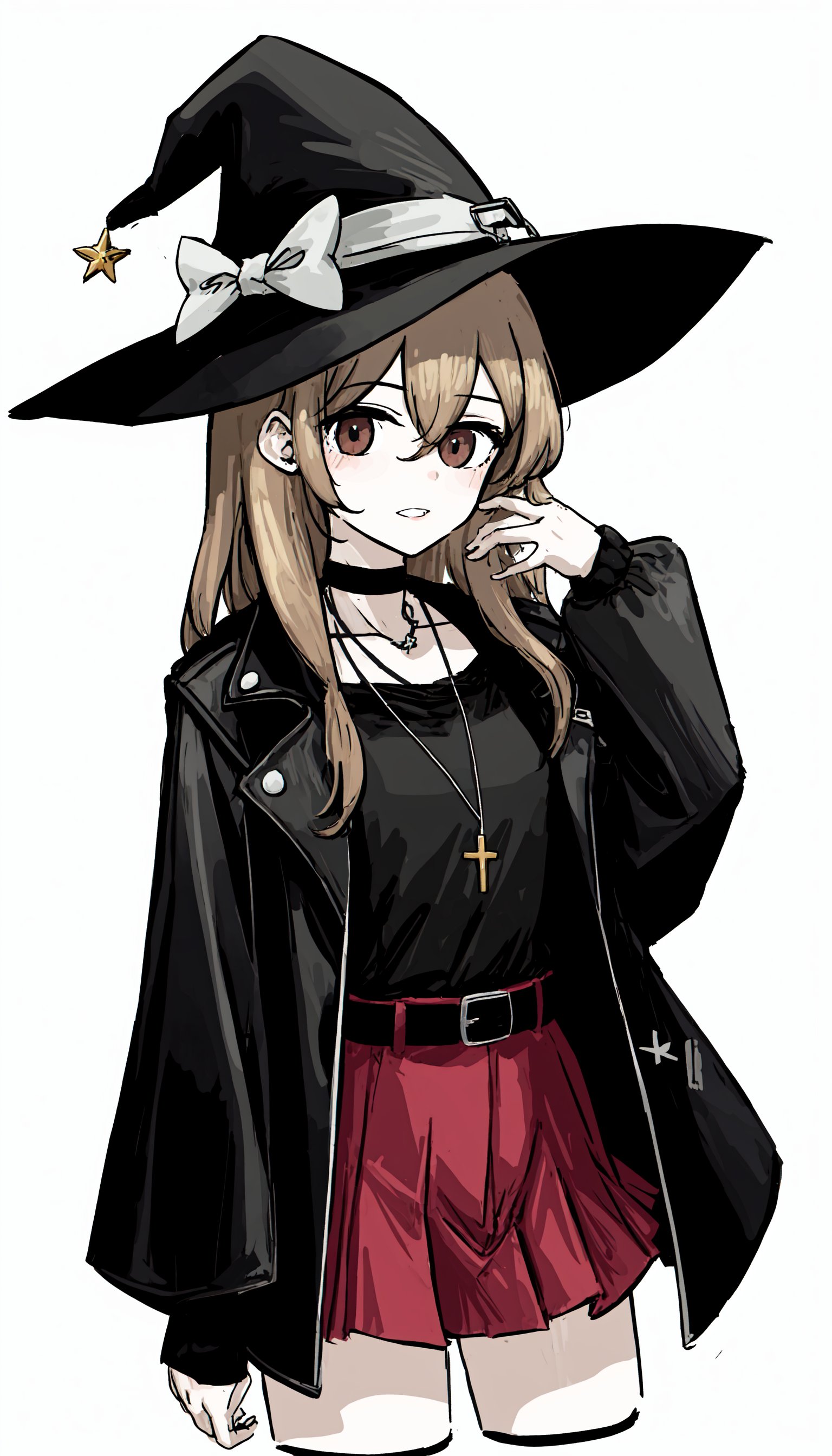 1girl, skirt, cat, hat, long hair, witch hat, jacket, choker, solo, necklace, belt, cross, leotard, jewelry, looking at viewer, black jacket, black choker, simple background, brown hair, leather, leather jacket, black leotard, white background, long sleeves, parted lips, hair between eyes, cropped jacket, black belt, red skirt, miniskirt, black cat