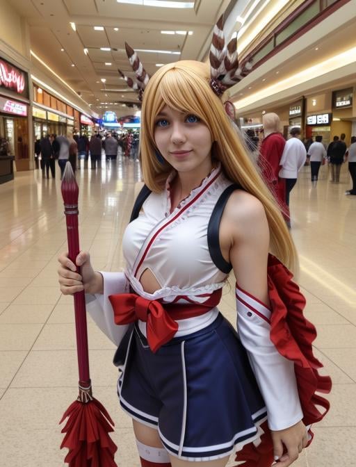 best quality, masterpiece, highres, detailed, realistic, cosplay, <lora:Detail - add_detail:0.2>, MinervaVG, blue eyes, blonde hair, nontraditional miko, upper body, <lora:Character - MinervaVG:0.8>, mall, convention hall, jojo pose, a 20 year old woman cosplaying at a mall, 