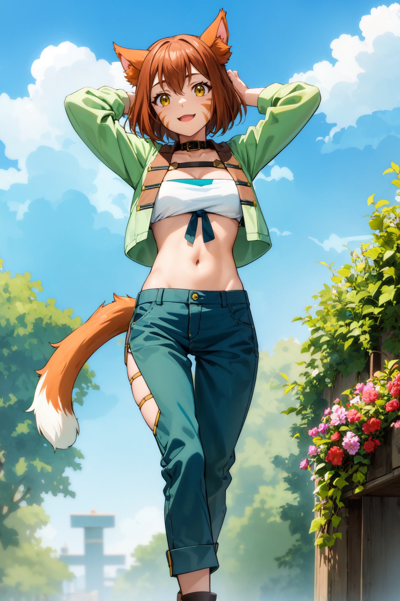 masterpiece, best quality, <lora:miyacatt-nvwls-v1-000010:0.8> 1girl, solo, miya, cat ears, whisker markings, collar, white bandeau, midriff, cleavage, cropped jacket, green pants, arms behind head, looking up, smile, clouds, blue sky, cityscape, walking, tail