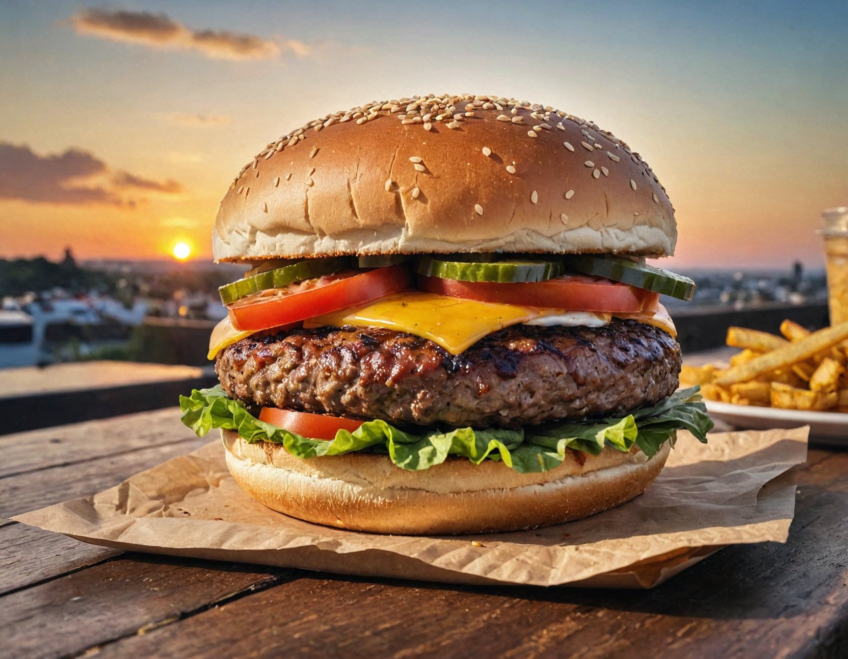 instagram photo, photo of burger on a table, high detailed, sunset