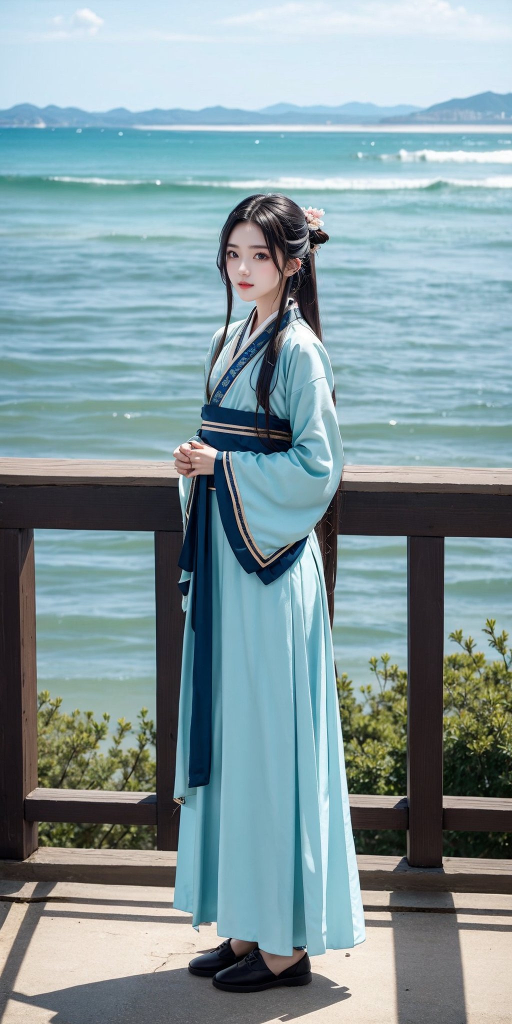 1girl,solo,hanfu,looking at viewer,solo,full body,suburban scenery,sea,