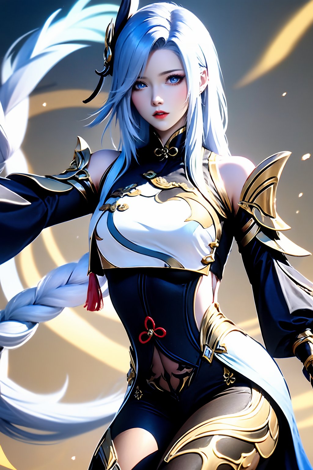 1girl, solo, shenhe \(genshin impact\), long hair, braid, hair ornament, shoulder cutout, white hair, looking at viewer, bodysuit, breasts, tassel, jewelry, very long hair, blurry, earrings, braided ponytail, clothing cutout, tassel earrings, black gloves, lips, thigh cutout, gold trim, blue eyes, black bodysuit, parted lips, side cutout, red lips, fingerless gloves, partially fingerless gloves, bare shoulders, elbow gloves, makeup, day, large breasts, detached sleeves, puffy sleeves, thighs, tabard, grey hair, sky, long sleeves,