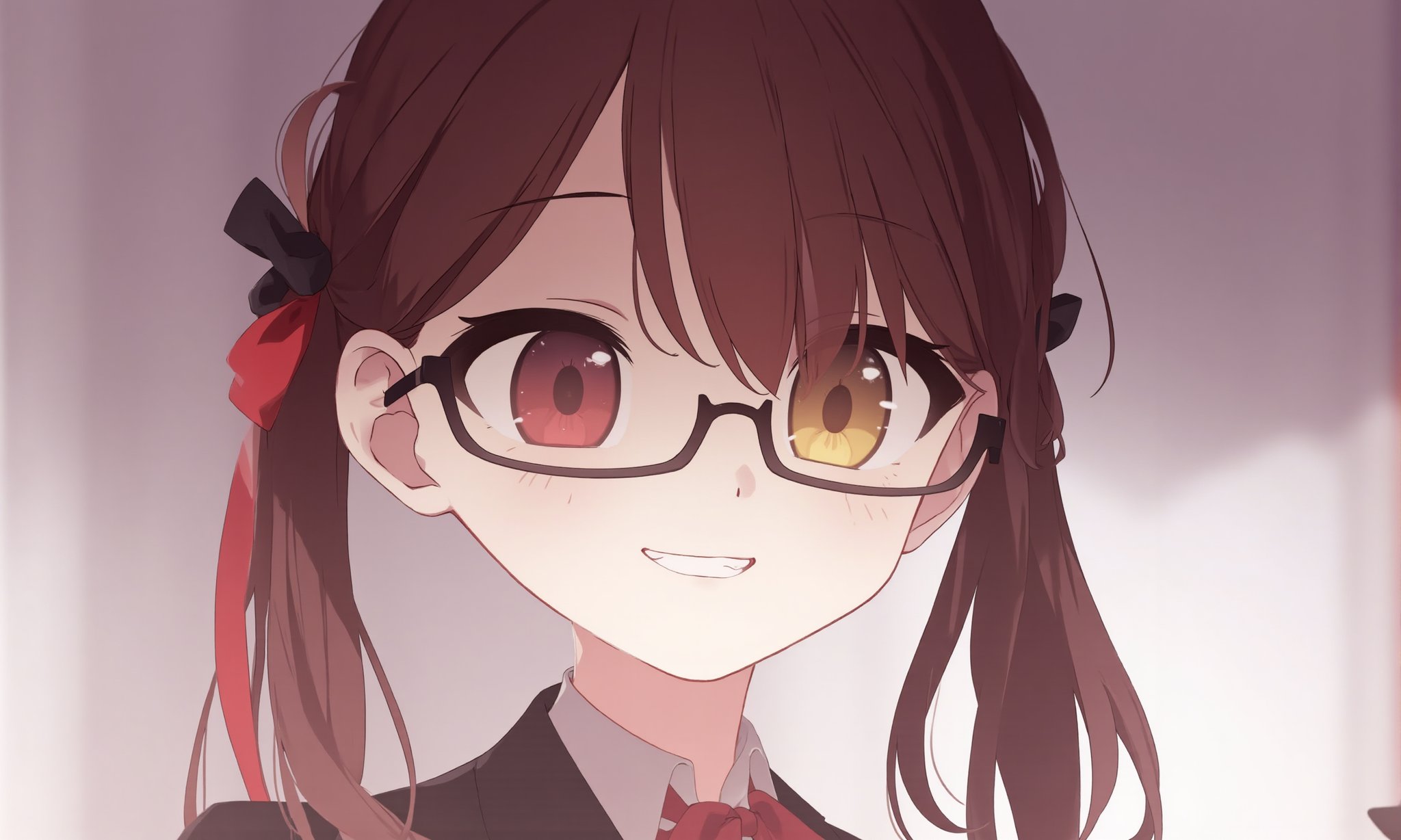 1girl,    yellow eyes, smile, brown hair, glasses, neck ribbon, solo, red eyes, shaded face, semi-rimless eyewear, long hair, ribbon, under-rim eyewear, close-up, eyepatch, white background, twintails, teeth <lora:BastylrV2:1>