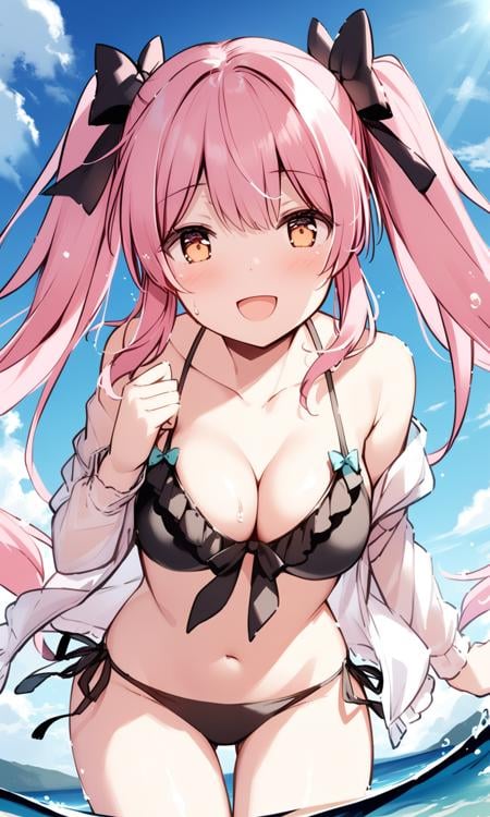 1girl, sensitive, solo, long hair, breasts, looking at viewer, smile, open mouth, long sleeves, bow, navel, cleavage, bare shoulders, twintails, medium breasts, swimsuit, pink hair, :d, hair bow, outdoors, bikini, open clothes, sky, day, cloud, stomach, off shoulder, water, black bikini, side-tie bikini bottom, frilled bikini