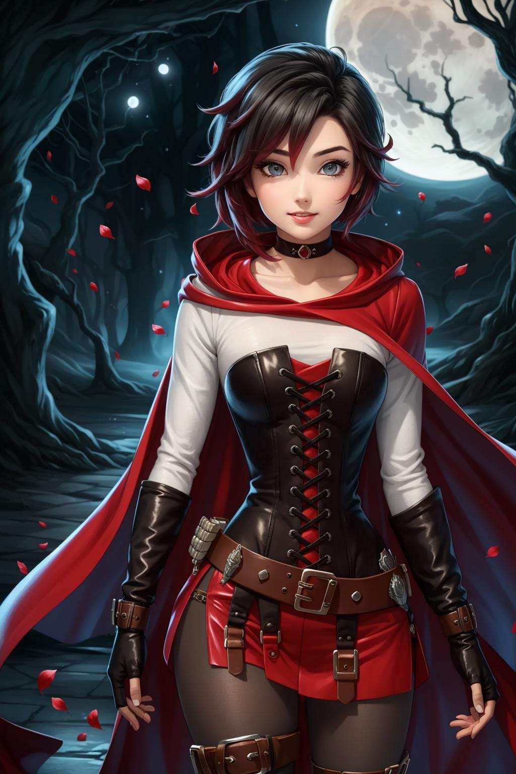 <lora:RubyAtlas-05:0.9> 1girl,atlasrose, black hair, gradient hair, grey eyes, (red cape), white shirt, pantyhose, belt, red skirt, corset, thigh boots, fingerless gloves,masterpiece,best quality,extremely detailed, rose petals, wind,night, moon, (((hood up))), choker