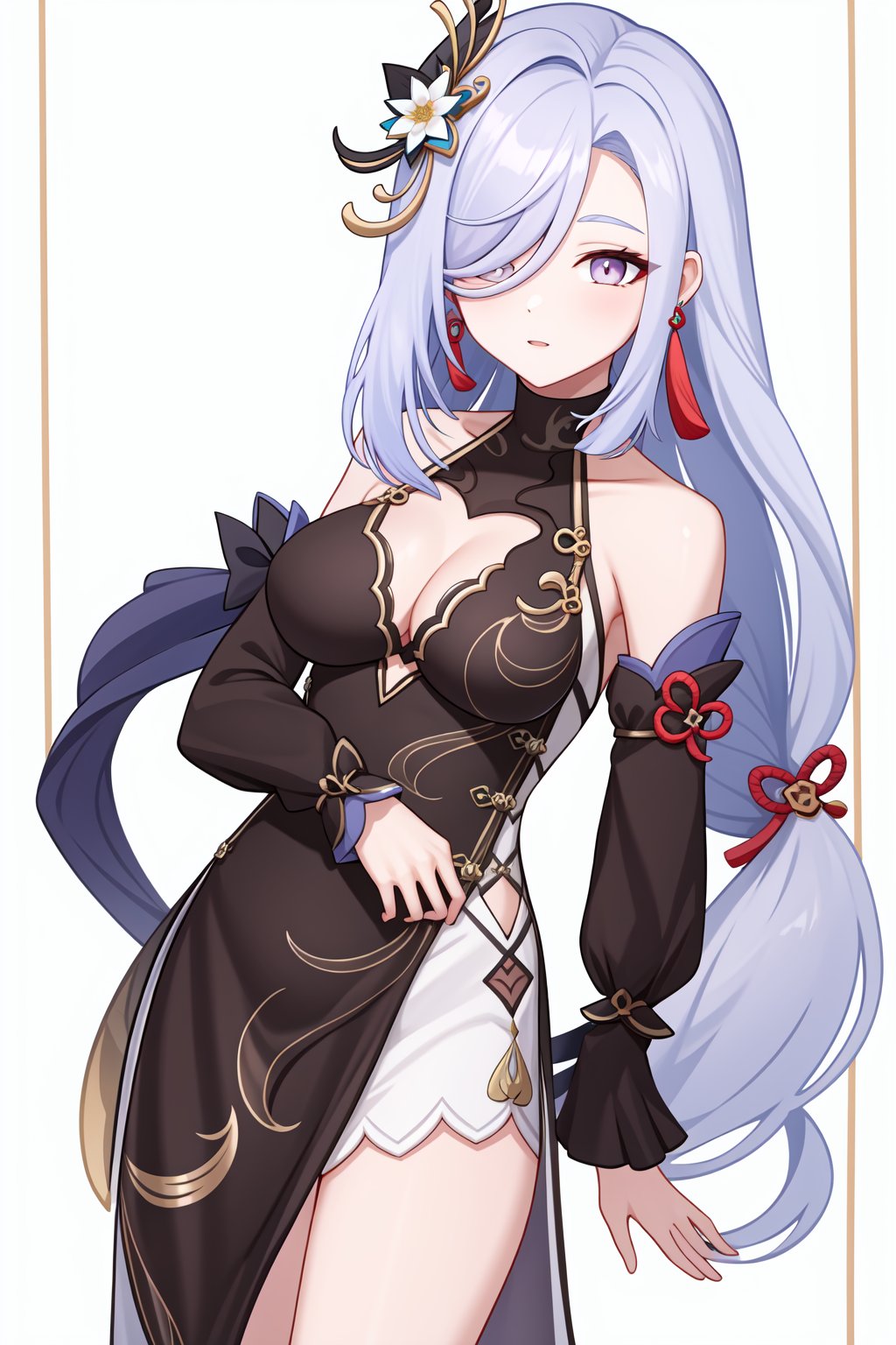 <lora:申鹤皮肤v2:1:lbw=char>,1girl,shenhe \(genshin impact\),bare shoulders,detached sleeves,black dress,alternate costume,tassel,china dress,long sleeves,tassel earrings,high quality,chinese clothes,cleavage,flower,, (masterpiece,best quality,high quality:1.2),absurdres,