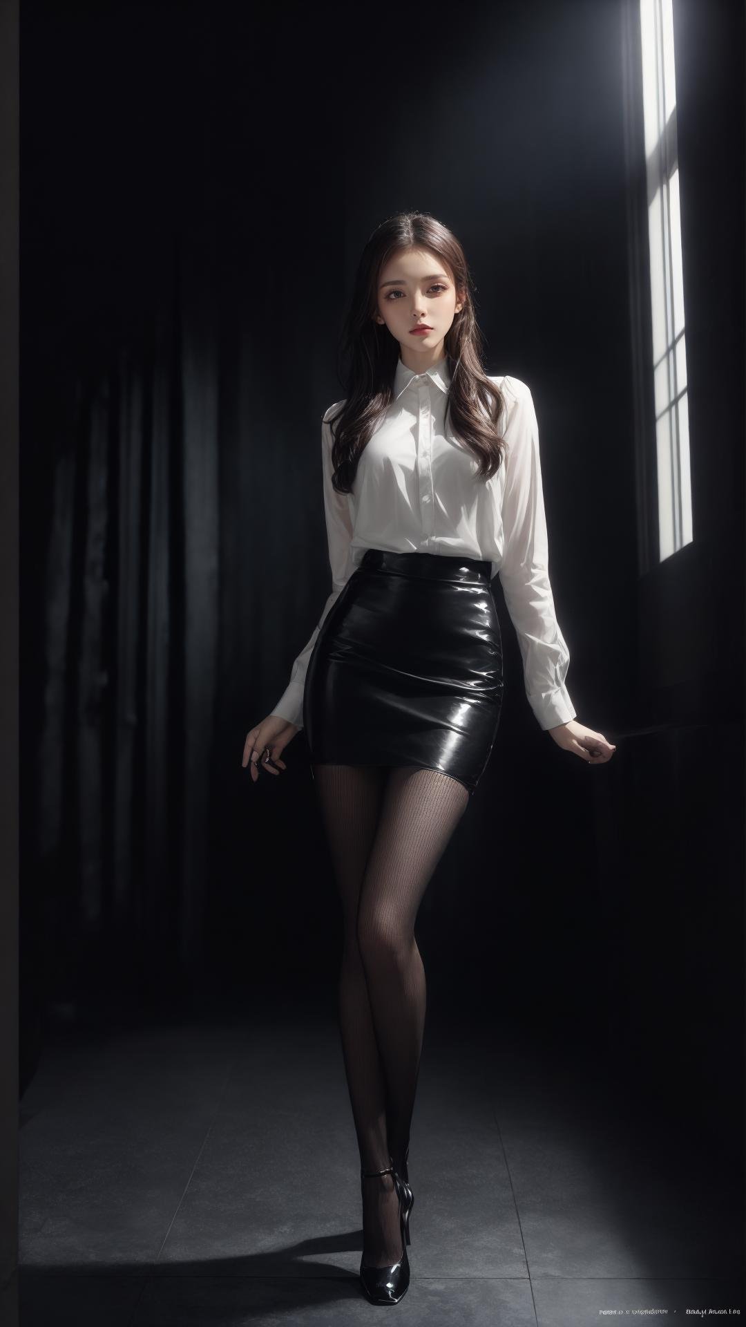 (tutuhd),pantyhose,black miniskirt, black pencil skirt, high heels, (best quality, masterpiece, ultra high resolution),(photorealistic:1.37), (immersive atmosphere, chiaroscuro:1.5,bright light:1.2,luminous lighting),(Magazine cover-style illustration of a fashionable woman),(The text on the cover should be bold and attention-grabbing, with the title of the magazine and a catchy headline. The overall style should be modern and trendy, with a focus on fashion and lifestyle),1girl, cute,slim,(pale skin,shiny skin),(full body),(looks at the viewer), very long hair,top fashion,night,(Floor-to-ceiling windows, city),<lora:add_detail:0.5> <lora:LowRA:0.45> <lora:Magazine:0.3> <lora:图图的嗨丝（20D小孔渔网袜﷿）_v1.0:0.75>