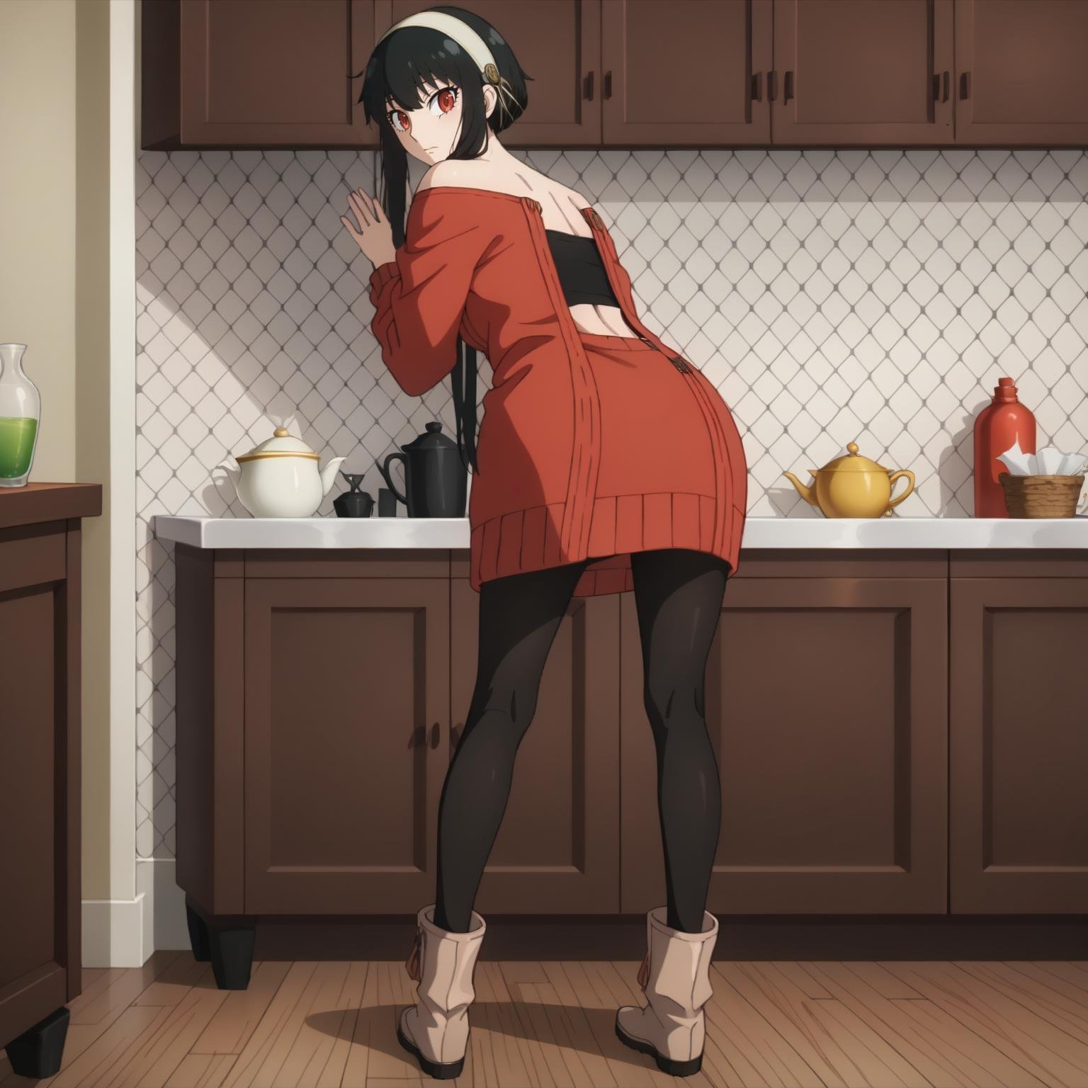 <lora:YorForgerXLpony004>,looking at viewer,solo,YorForger,1girl,black hair,red eyes,short hair with long locks,white hairband,off shoulder,red sweater,black pantyhose,boots,standing,looking back,backless outfit,black tube top,sweater skirt,leaning_forward,