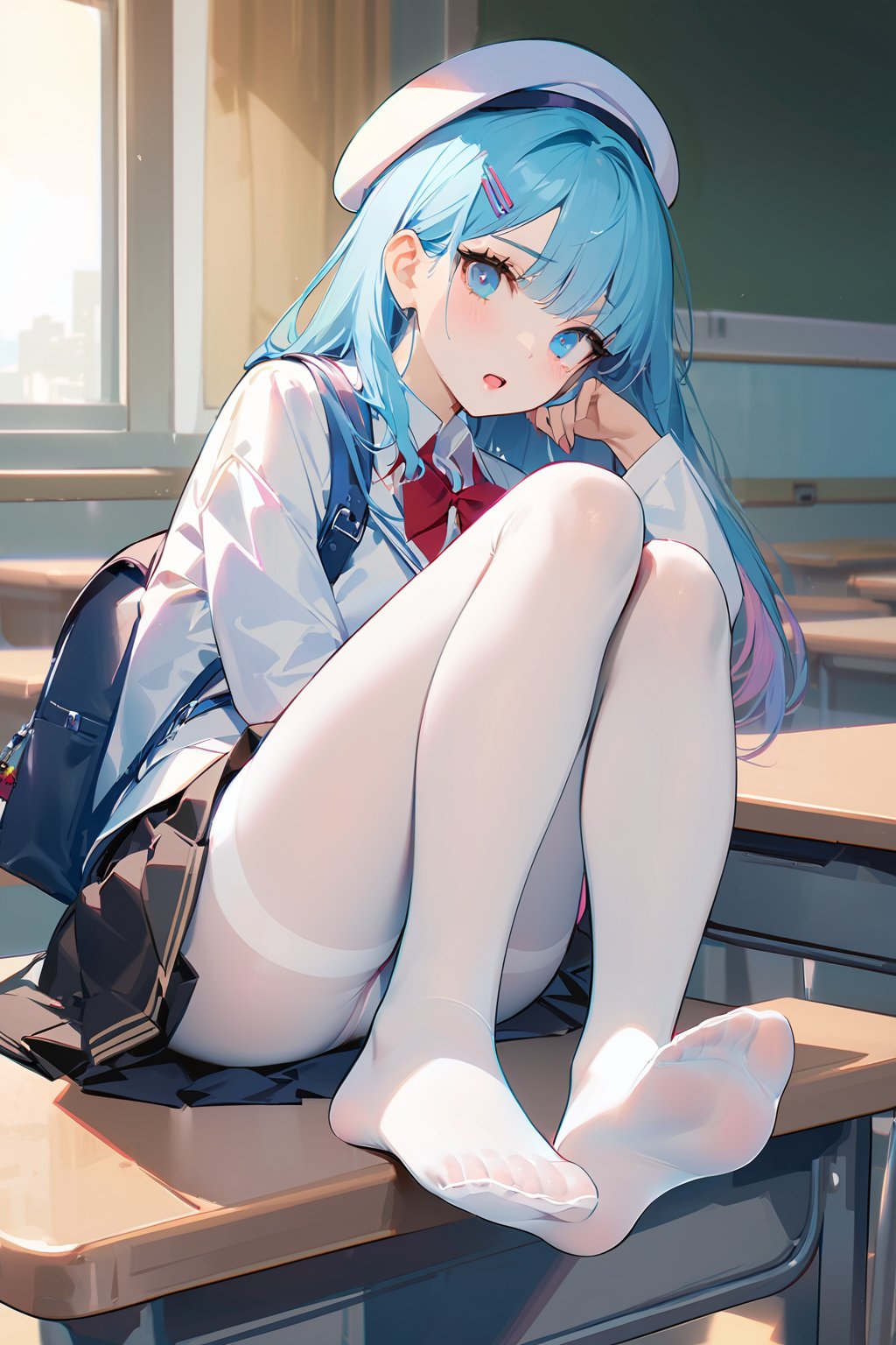 (masterpiece), (best quality), illustration, ultra detailed, hdr, Depth of field, (colorful),Artist:ask (askzy),Artist:chen bin,1girl, pantyhose, white pantyhose, no shoes, hat, bag, solo, blue eyes, soles, feet, skirt, blue hair, indoors, desk, white headwear, beret, looking at viewer, backpack, sitting, blush, randoseru, hair ornament, school desk, toes, long sleeves, white shirt, open mouth, shirt, black skirt, charm (object), pleated skirt, hairclip, on desk, classroom, white jacket, legs, long hair, thighband pantyhose, school uniform, black bow, bag charm, chair, hand up