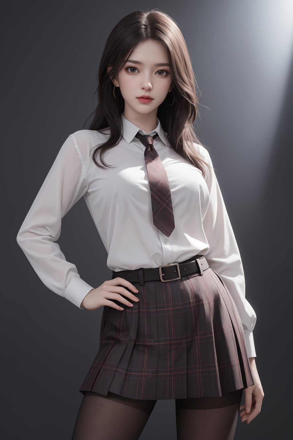 masterpiece,best quality,official art,extremely detailed CG unity 8k wallpaper,realistic,light rays,light particles,1girl,solo,skirt,pantyhose,plaid skirt,black hair,long  hair,pantyhose,standing,day,(simple background:1.2),necktie,dynamic pose,looking at viewer,cowboy shot,breasts,hand on hip,belt,lips, <lora:jk美女:0.8>