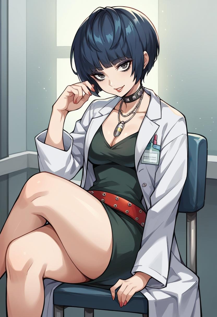 score_9, score_8_up, score_7_up, source_anime BREAK 1girl, solo,   <lora:zs_TakemiXL:1>takemip5, short hair, black hair, blue hair, labcoat, black dress, belt, choker, necklace, cleavage, high heels makeup, eyeliner, assertive female, smile, stool, infirmary, hospital room, looking at viewer, crossed legs