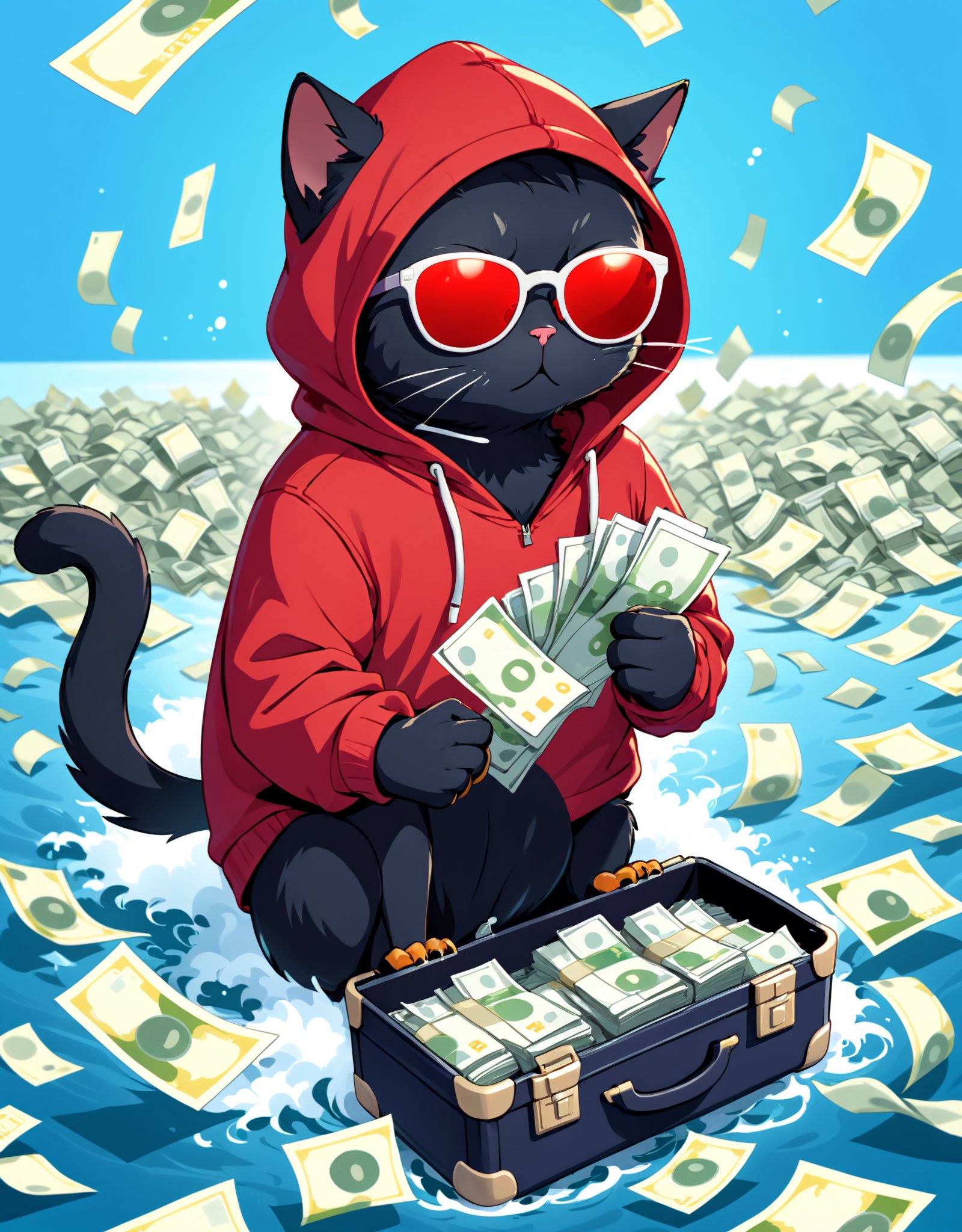 Illustration of a black cat wearing a red hoodie, swimming in a sea of banknotes, holding a small suitcase full of cash in one leg, and wearing sunglasses. A black cat in a red hoodie has a confident and smug look on his face as banknotes float in the sea.