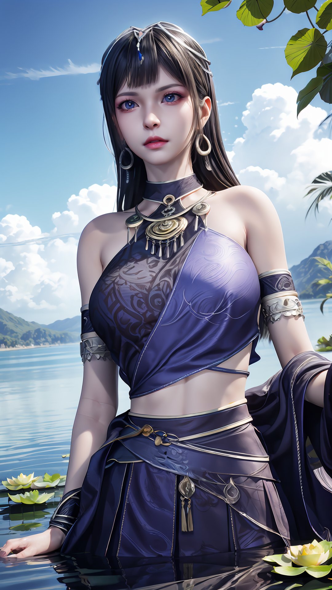 masterpiece,best quality,official art,extremely detailed CG unity 8k wallpaper,realistic,light rays,light particles,1girl,earrings,solo,jewelry,black_hair,long_hair,upper_body,blue_eyes,blue_ribbon,armlet,breasts,blue theme,scenery,reflection,outdoors,lotus leaf,(lotus:1.3),lake water,blue sky,white cloud,long_hair,earrings,hair_ornament,dynamic pose,looking at viewer,cowboy shot,