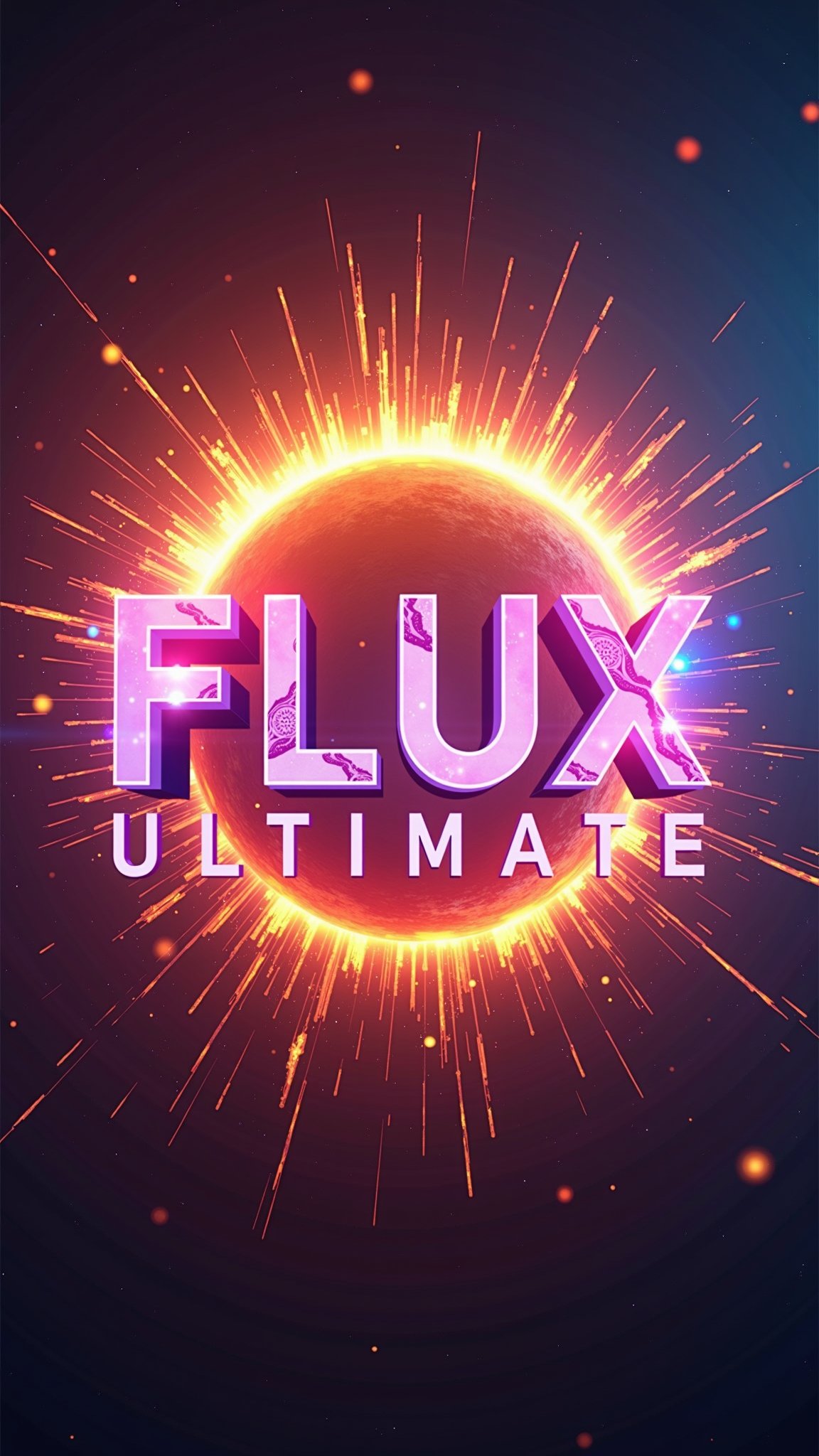 Logo in neon lights, 3D, colorful, modern, glossy, neon background,with a huge explosion of fire with epic effects, the text reads  "FLUX ULTIMATE , CHANGING UP AI GENERATION ",