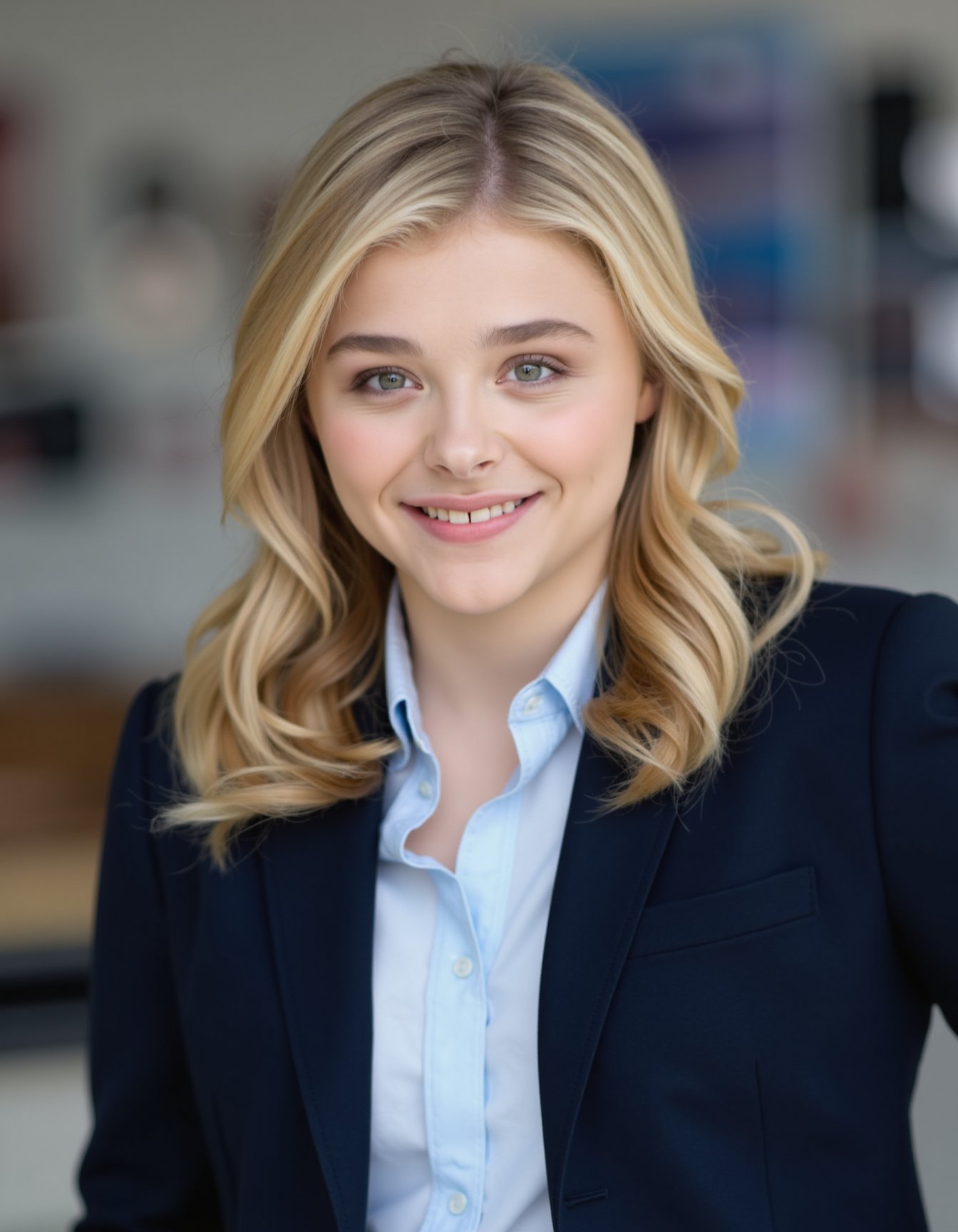 Mid-shot portrait of a beautiful woman  chloe grace moretz  in her 20s in an hi tech office with blazer and a shirt under  <lora:chloe_grace_moretz_flux_lora_v1_000002000:1>