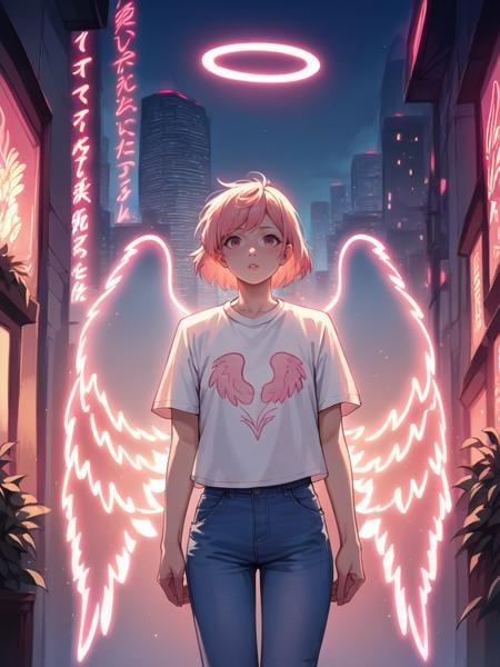 score_9, score_8_up, score_7_up, score_6_up, score_5_up,  source_anime,  <lora:n30nw1ngsXLP2:0.8> n30nw1ngs, neon light wings, wings, angel, cityscape, jeans, t-shirt, halo, pink