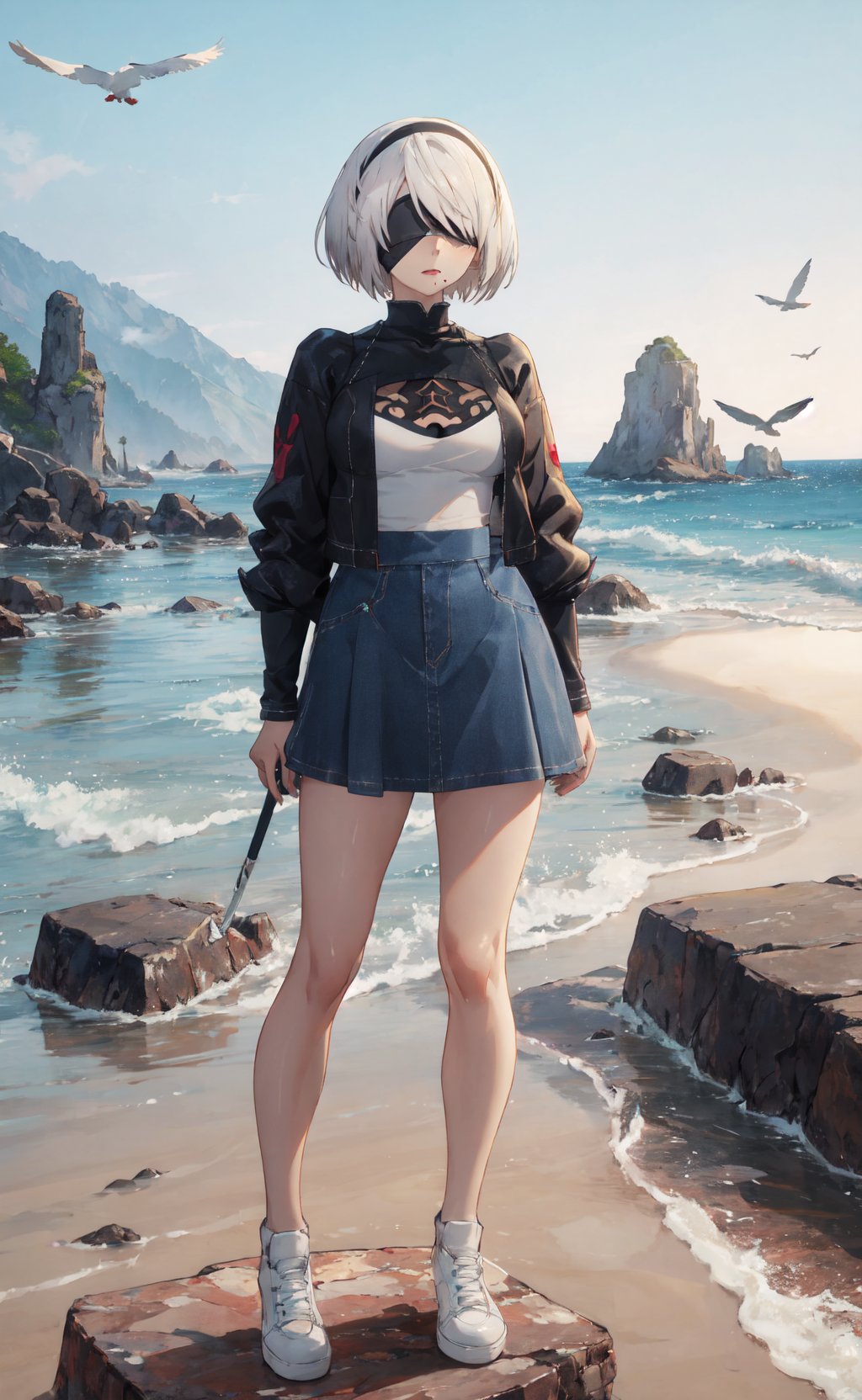 <lora:2B-000017:0.8>,2B CYQL,1girl,looking at viewer,solo,white hair,short hair,hairband,black hairband,covered eyes,black blindfold,mole,mole under mouth,full body,(Cropped_denim_jacket:1.5),(A-line_skirt:1.4),(White_sneakers:1.3),(City_market_background:1.3),bored,portrait,Coastline, Rocks, Sea stacks, Waves, Seagulls, Cliffs, Tide pools, Coastal erosion,(Roses, Tea roses, Tea table, Vintage teacups, Tea party, English charm:0.5),beautiful detailed sky,beautiful detailed glow,posing in front of a colorful and dynamic background,masterpiece,best quality,beautiful and aesthetic,contrapposto,female focus,wallpaper,