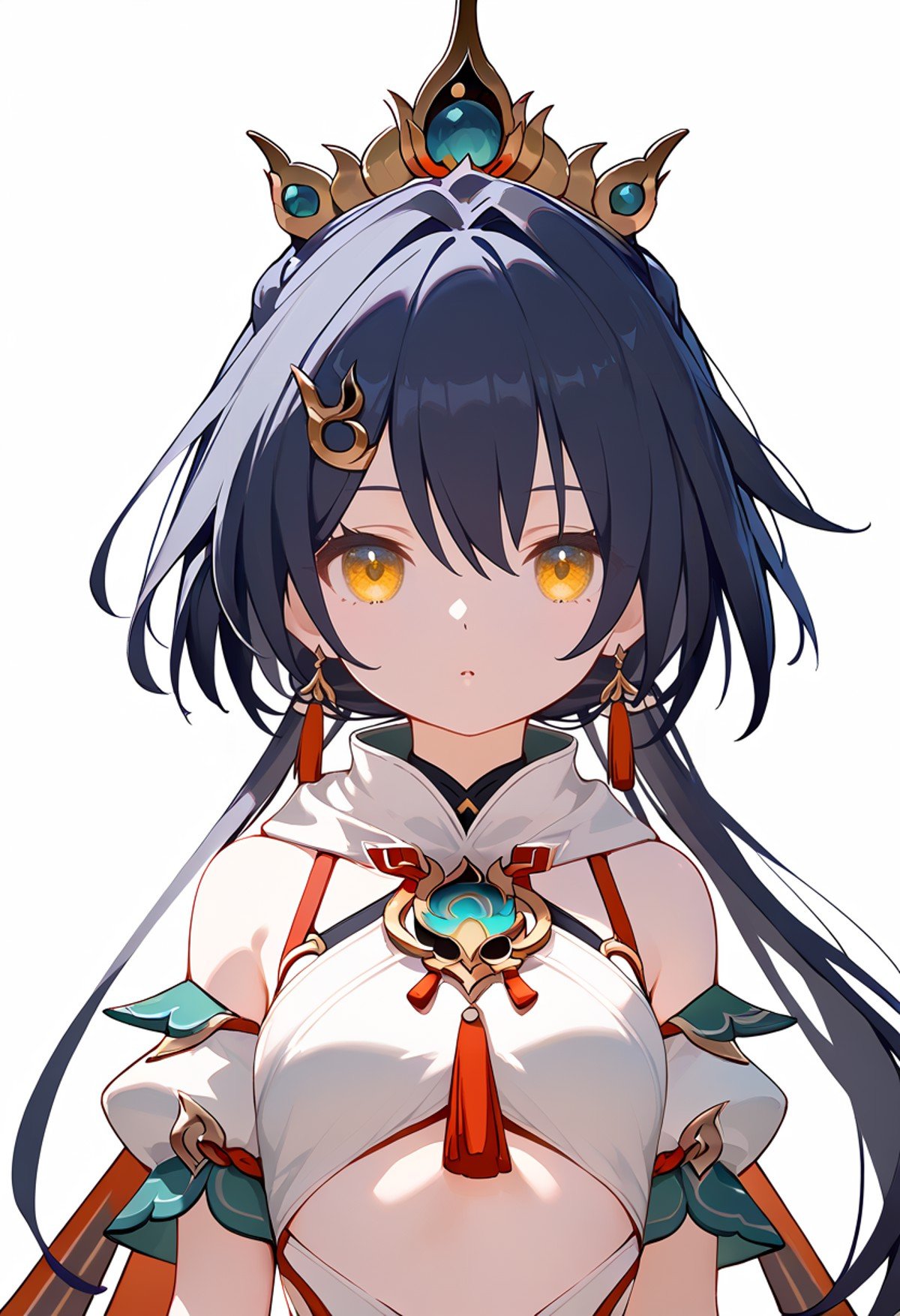 score_9,score_8_up,score_7_up,<lora:HSR_YL:1>,HSR_YL,1girl,solo,short hair with long locks,yellow eyes,hair between eyes,hair ornament,ponytail,low ponytail,dark blue hair,double ponytail,(single earrings:1.2),bracelet,gloves,Chinese dress,chinese clothes,anklet,crown,red fringe,sleeveless,sleeveless cheongsam,jewelry,bare shoulders,bangs,closed mouth,smile,short hair,red nails,sleeveless dress,small breasts,short sleeves,detached sleeves,red tassel,upper body,arms at sides,simple_background,white_background,front view,white neckline,standing,