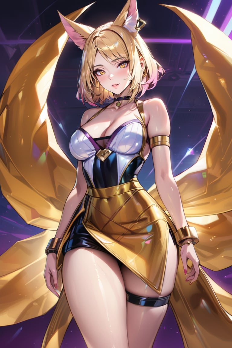 (Masterpiece), mature, HDR,UHD,8K, best quality, Highly detailed, physically-based rendering, extreme detail description, perfect skin, shiny skin, shiny hair,perfect face, 1girl, kda2, blonde hair, yellow eyes, thighighs, facial mark, animal ears, tail, choker, bare shoulders, arm straps, short hair, bracelet, jewelery, choker, multiple tails, idol, cleavage, fox ears, earrings, thighs, magenta tail, golden dress, dress,Ahri, golden tail<lora:EMS-335737-EMS:0.600000>, <lora:EMS-388761-EMS:0.100000>, <lora:EMS-418641-EMS:0.800000>