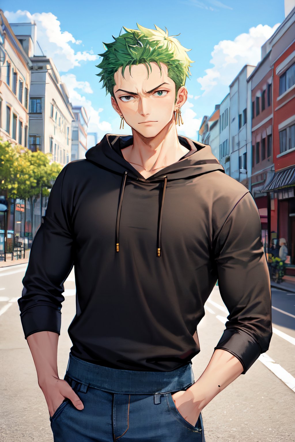 pretime zoro, male focus, solo, 1boy,  muscular male, looking at viewer, earrings,black hoodie, denim pants, outdoors, upper body<lora:zoro_v2_off:0.8> 