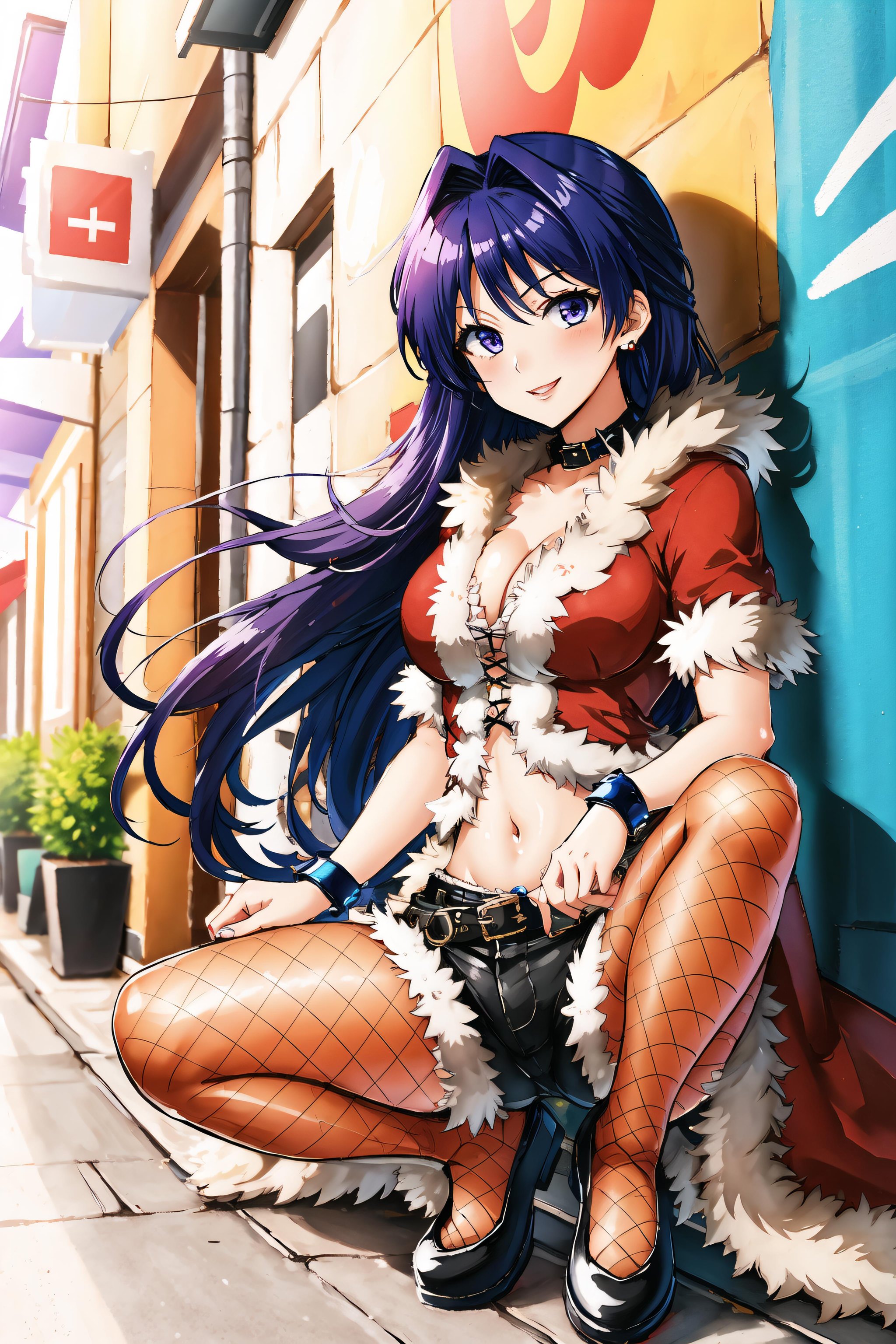 <lora:rogueRoV1.7-000005:0.95>, rogueRO, fishnet legwear, red fur coat, shoes, midriff, collar, black shorts, bangle, armlet, navel, long hair, purple hair, blue eye, wavy hair,1girl,smile, lipstick,  parted lips, happy,looking at viewer, squatting,outdoor, blue sky, alleyway, stone floor, graffiti, graffiti art on an alley wall,