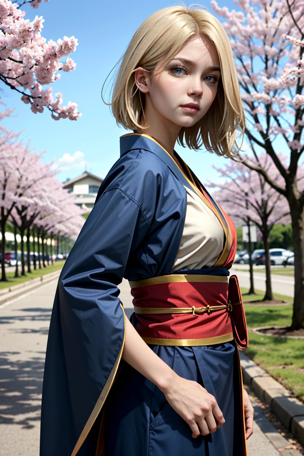 ((ultra detailed, masterpiece, absurdres)) <lora:I2SGirl:0.8>I2SGirl, medium hair, blonde hair, blue eyes, in a traditional kimono, surrounded by cherry blossoms