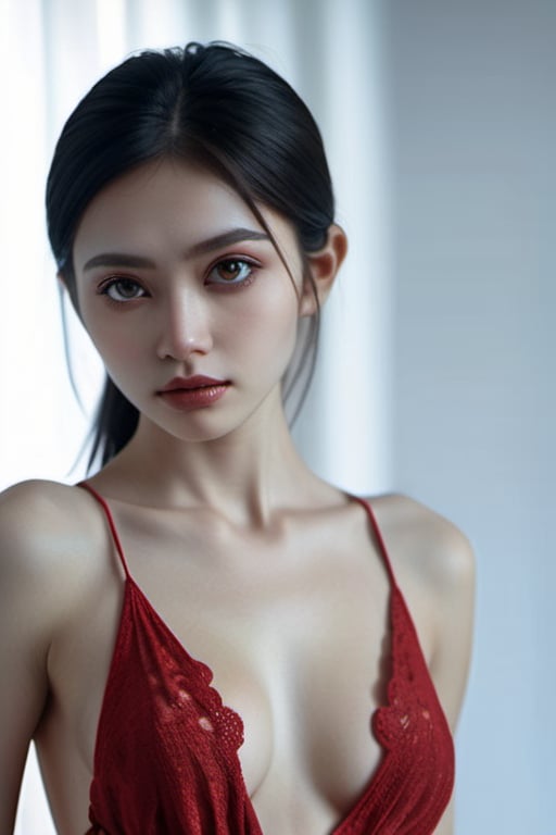 Aesthetic,  best quality image,  (((Filipino-Italian blood mix))),  ((smiling)),  (((black straight thin hair))),  (((highly detailed black eyes 1.4))),  tender small breast,  (((white skin complexion))), (((wearing dark red 2 piece swim wear))),  Thin string micro triangle bra,  T string bikini,  correct physical anatomy,  beautiful fingers,  beautiful hands,  full body portrait,  model shoot style from legs to head,  looking at viewer,  High detail RAW color photo professional photo,  (realistic,  photo realism:1.4),  (highest quality),  (best shadow),  ultra high resolution,  highly detailed CG unified 8K wallpapers,  depth of field,  cinematic lighting,  dark back ground,  masterpiece,  16k,  high details,  high resolution,  beautiful eyes,  (delicate face),  perfect detail,  perfect feet,  sexy legs,  medium breast,  no nipple exposure,  lots of exposed skin,  full body,  cinematic lighting,  dark studio,  ((hyper detailed face)), ((hyper detailed eyes)), (((exposed thighs)))