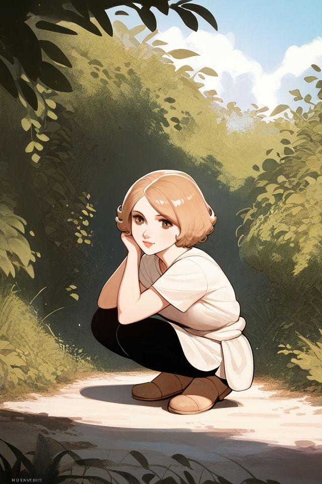 score_9, score_8_up, score_7_up, 1girl, beige hair, hair_intakes, brown eyes, squatting, beautiful background <lora:Osamu_Tezuka_PonyXL_style_v01.10.02.02:1>