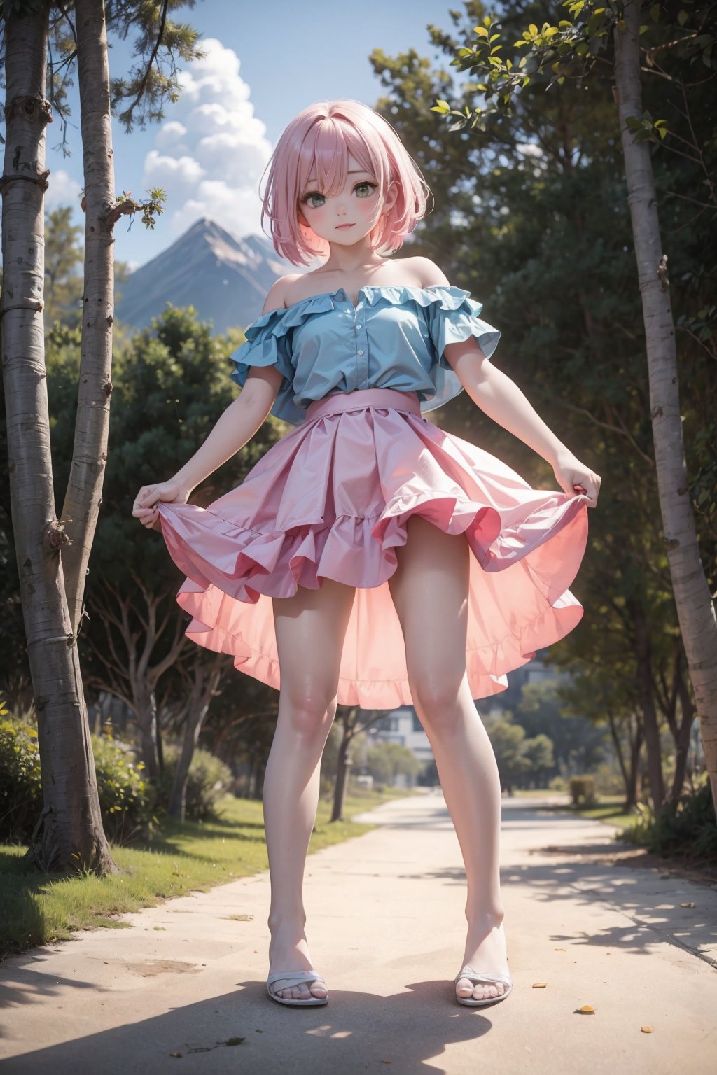 1girl,looking at viewer,solo,blonde hair,pink hair,short hair,multicolored hair,two-tone hair,hair between eyes,green eyes,blush,shirt,blue shirt,striped shirt,collarbone,off-shoulder shirt,short sleeves,skirt,pink skirt,frills,layered skirt,frilled skirt,sandals,(happy,wariza,cowboy_shot,from_below:1.1),beautiful face,beautiful eyes,glossy skin,shiny skin,Glacier,Peaks,Mountains,Ice,Blue,Crevasse,Serenity,Wilderness,Bonsai trees,Moss,Gravel pathways,Raked sand,Tranquility,Meditation,beautiful detailed sky,beautiful detailed glow,posing in front of a colorful and dynamic background,masterpiece,best quality,beautiful and aesthetic,contrapposto,female focus,wallpaper,fashion,