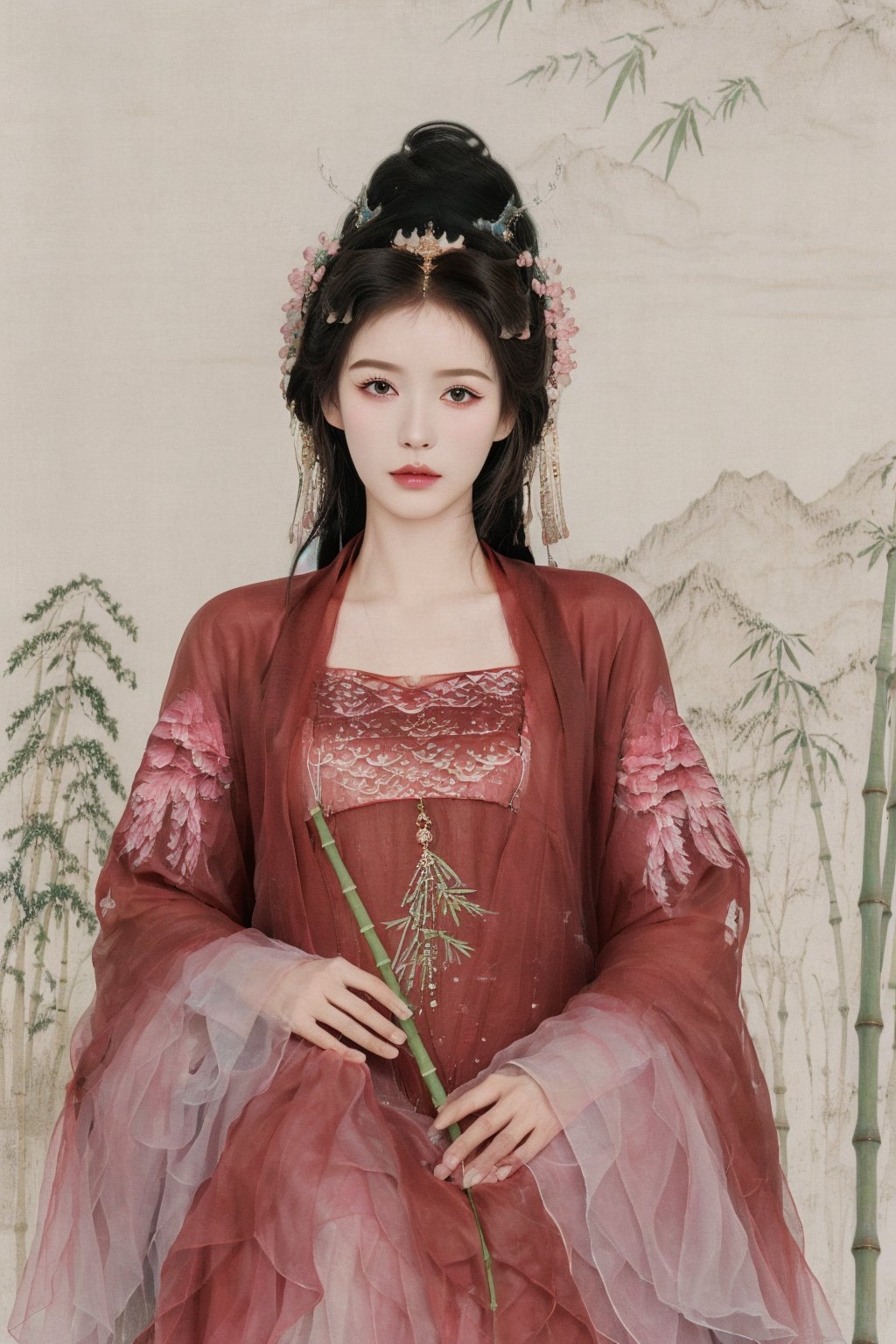 best quality,masterpiece,realistic,simple background,hanfu,hair ornament,chinese clothes,1girl,solo,black hair,long hair,sitting,garden,plant,mountain,(bamboo:1.3),on chair,cloud,(flower:1.3),upper body,wind,(floating hair:1.3),<lora:画中仙1.0_v4:0.7>,(faux traditional media:1.3),<lora:水光肌1.0_v1-000018:0.5>,(fiora ariete:1.2),