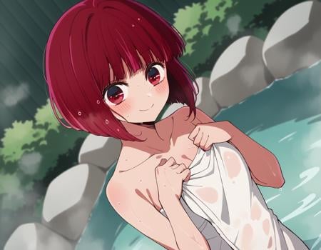 score_9, score_8_up, score_7_up, source_anime,kanaarima, <lora:kana-arima-s1-ponyxl-lora-nochekaiser:1>,kana arima, short hair, bangs, red eyes, red hair, bob cut, smile,nude, naked, outdoors, onsen, towel, naked towel, steam, bathing, nude cover, partially submerged, water, bath, steam censor, wet towel, blush,looking at viewer, cowboy shot, dutch angle, solo,