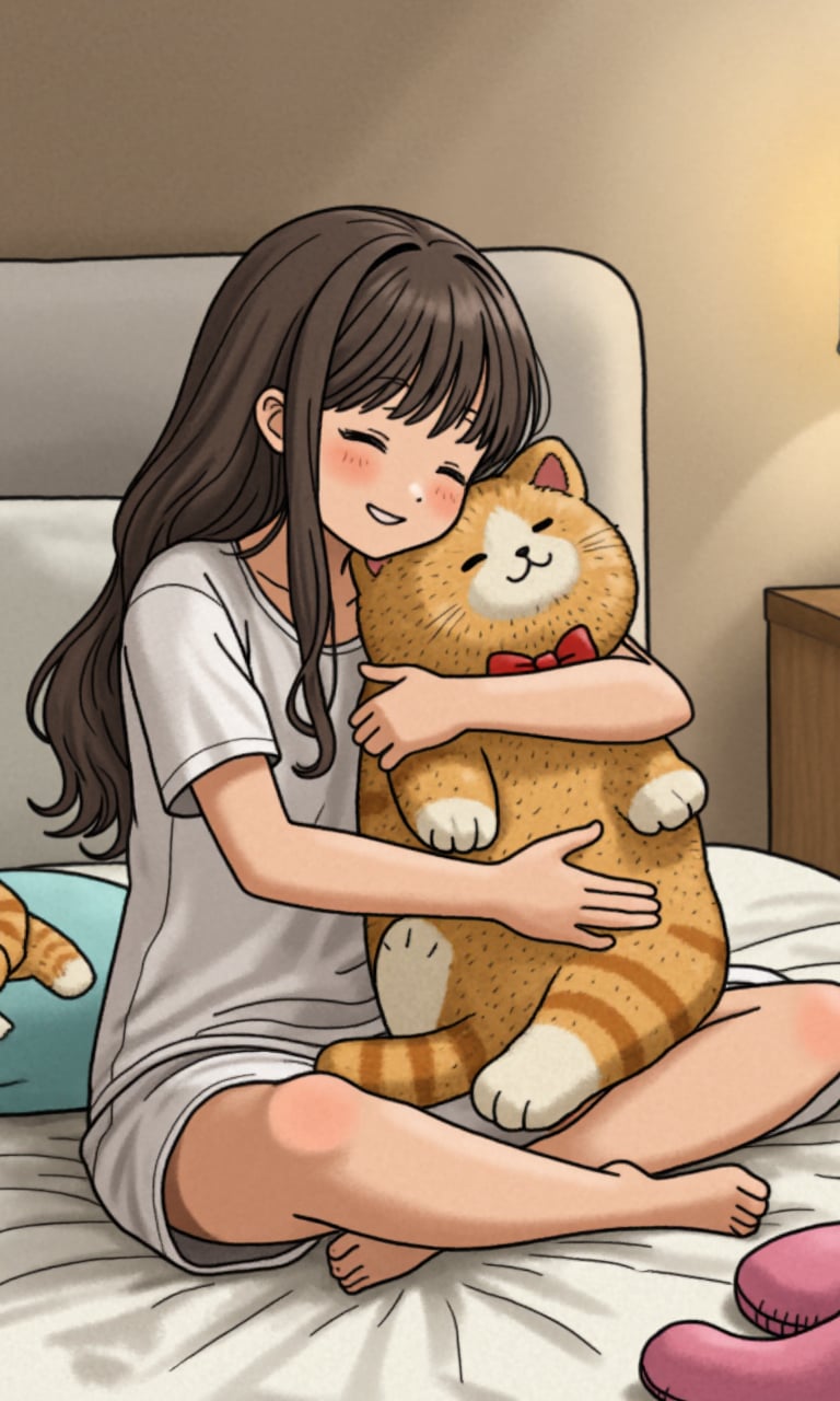 A girl wearing a simple white T-shirt and pajamas, sitting on the bed, sitting cross-legged, holding a big ragdoll cat in her arms, lovingly sticking her face on the cat's head, smiling happily