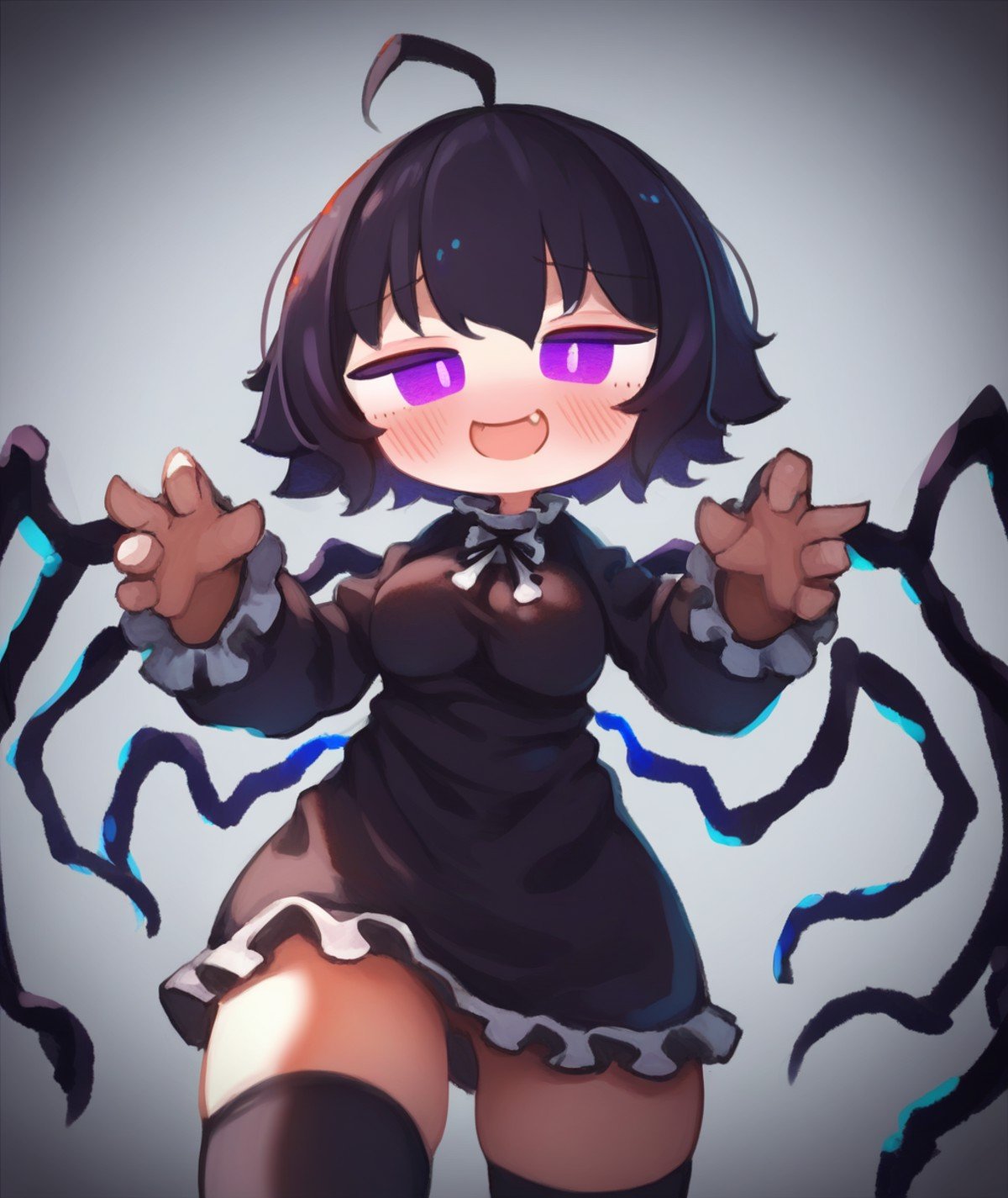 score_8_up. score_7_up,<lora:ti_owo:1>, uncensored score_9, ti_owo, 1girl, houjuu nue, black thighhighs, black dress, blue wings, black hair, asymmetrical wings, red wings, short hair, open mouth, skin fang, looking at viewer, blush, center frills, breasts, purple eyes, ahoge, bright pupils, smile, frilled dress, long sleeves, grey background, short dress