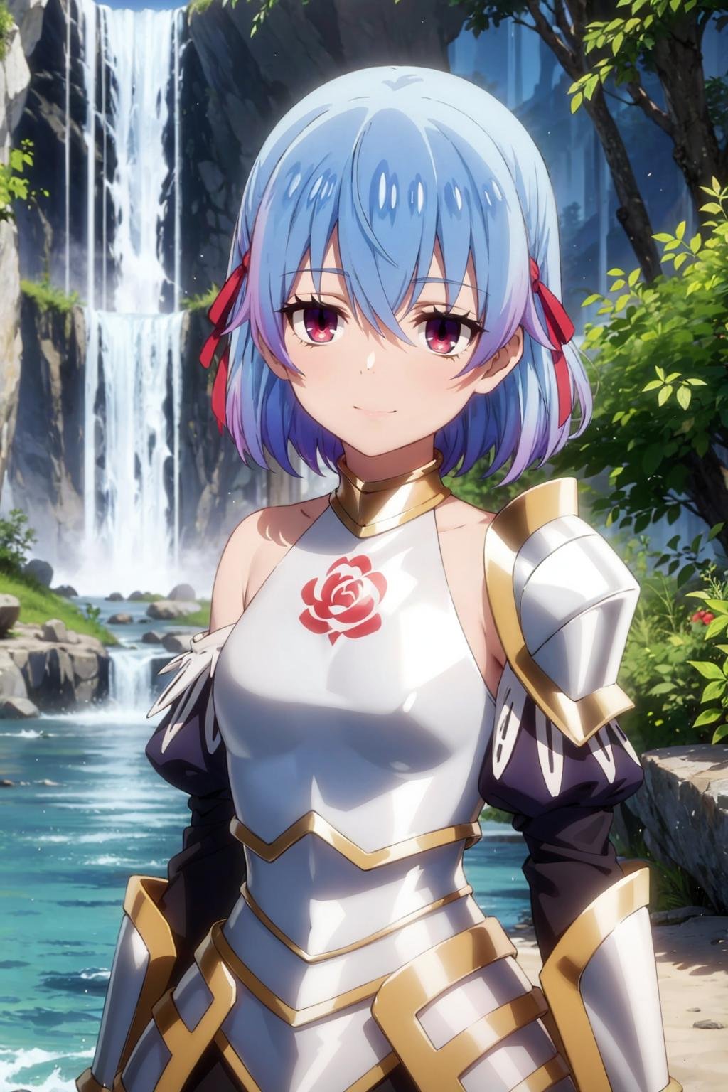 masterpiece, best quality, light smile, cowboy shot BREAK rutiragnason, blue hair, red eyes, short hair BREAK breastplate, armored dress, single pauldron, detached sleeves BREAK waterfall background <lora:ruti-sd15-1:0.8> 