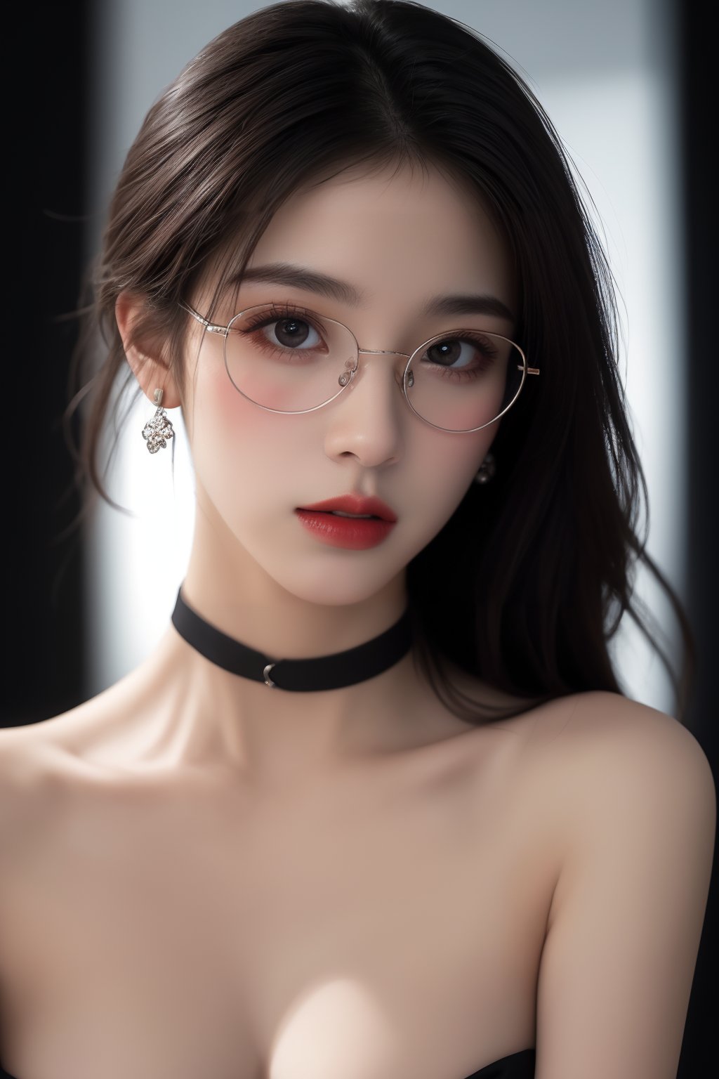 1girl, black choker, black hair, blurry, blurry background, blurry foreground, breasts, choker, cleavage, collarbone, depth of field, earrings, glasses, jewelry, large breasts, lips, long hair, looking at viewer, red lips, solo focus <lora:御姐:1>