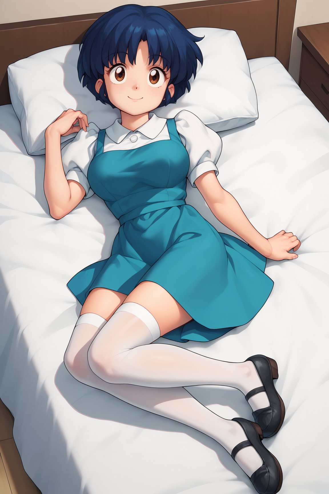 score_9, score_8_up, score_7_up, score_6_up, score_5_up, score_4_up, AkaneTendouRXL, 18years, big eyes, brown eyes, dark blue hair, short hair, bangs, medium breasts, shirt collar, white shirt, blue dress, short sleeves, puffy sleeves, white stockings, black shoes, solo, full body, lying on bed, seductive smile, looking at viewer, indoors <lora:AkaneTendouRXL:1>