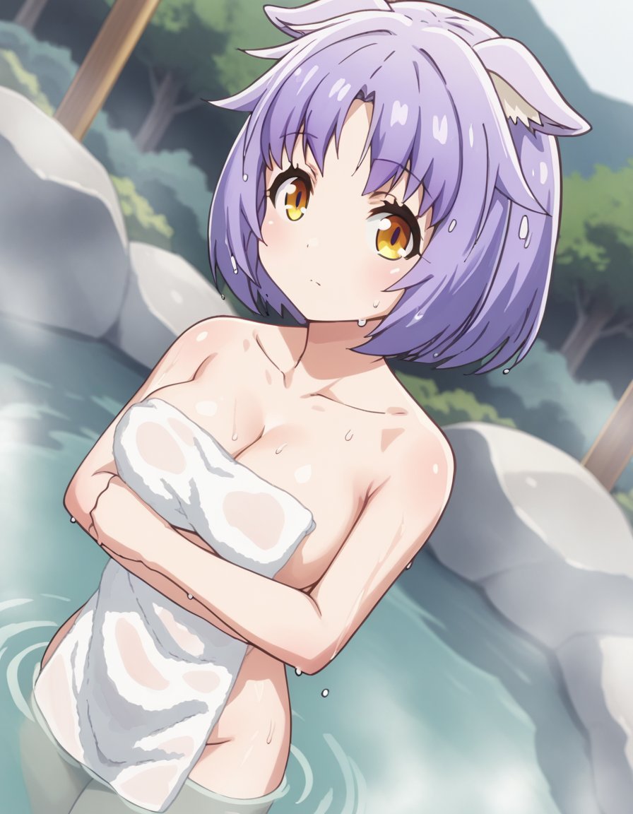 score_9, score_8_up, score_7_up, source_anime,nekoparacinnamon, <lora:nekopara-cinnamon-s1-ponyxl-lora-nochekaiser:1>,cinnamon, short hair, animal ears, yellow eyes, purple hair, cat ears,nude, naked, cleavage,outdoors, onsen, towel, naked towel, steam, bathing, nude cover, partially submerged, water, bath, steam censor, wet towel,looking at viewer, solo, cowboy shot, dutch angle,