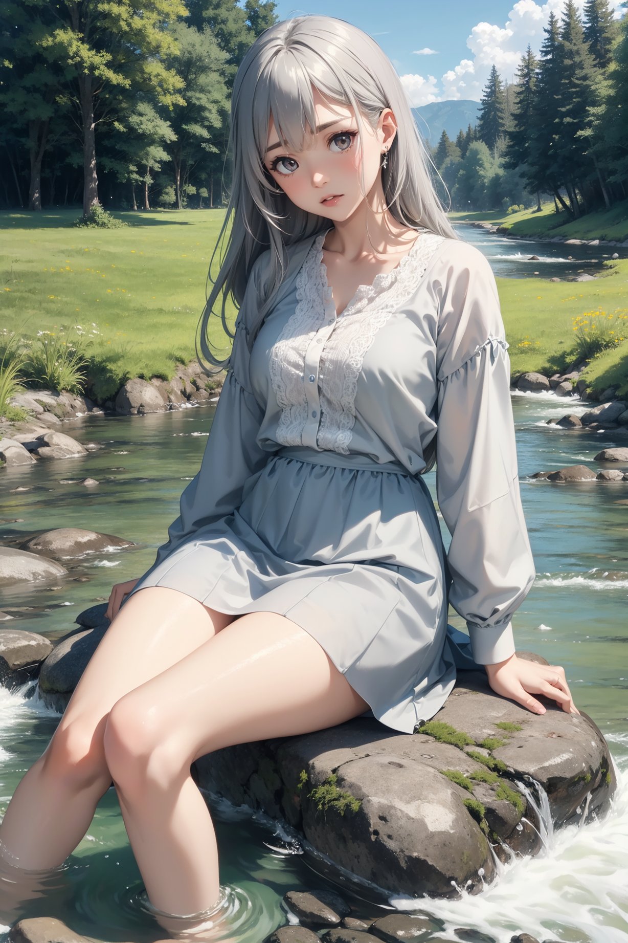 A real life photo of an adult woman on the stream bank, wide opened eyes, big eyeballs, swarthy skin, gray hair, jewelry, a crystal clear water stream, a sunny meadow, clouds, warm palette, perfect shot, film grain