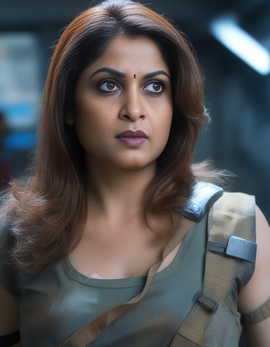 RamyaKrishnan,<lora:RamyaKrishnanSDXL:1>three-quarter close-up portrait, stunningly beautiful 30 y. o woman, slender athletic figure, stunning face, (expressive and deep [symmetrical eyes]), frowning and innocent expression, (long [natural blond] hair)+++ | ([maximum detailed post apocalyptic survivor : 00's sci-fi TV series style : firefly : armor protection elements | maximum detailed mechanic firefly style | (intricately detailed:1. 2) |(intricately detailed sci-fi utilitarian interior [((intricately detailed rusty decayed starship corridor)) : oppressive and contrasting background:1. 3)+, (in semi-darkness)++, backlighting from inside, dramatic expressive background | cinematic shot photographed from below with DSLR, aperture f/7, shutter speed 1/100 sec, ISO 150 | super detailed, hyper photorealistic, (8kK, UHD, super resolution, diffused lighting)+, textures of natural reflections, cinematic lighting