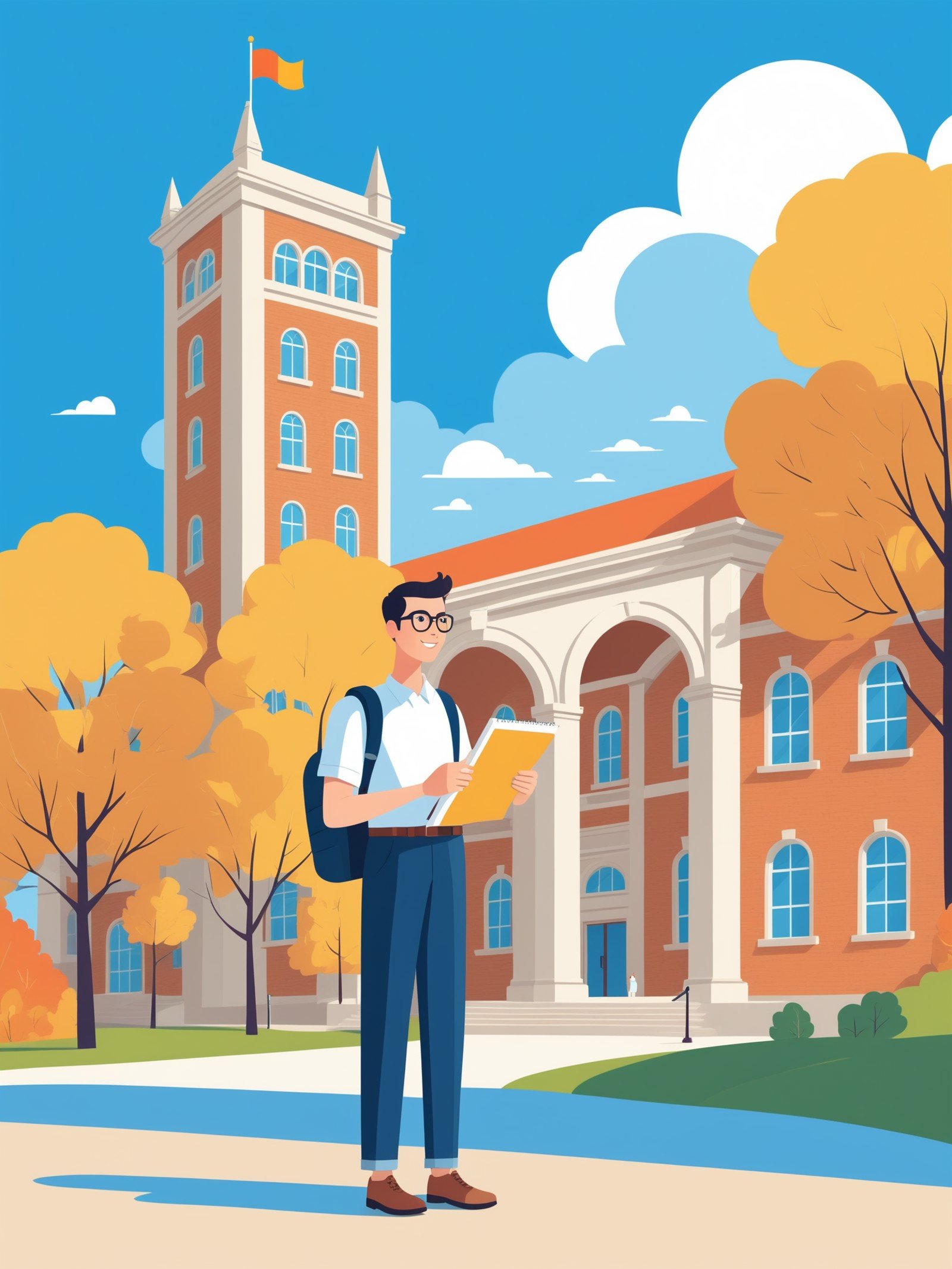 FRESHIDEAS landscape,A vector art of a student holding a large pencil and a checklist, standing confidently in front of a college campus. The background features iconic university buildings and a clear blue sky. Bright and optimistic atmosphere. Created using: vector graphics, Adobe Illustrator, bold colors, clean lines, minimalistic style, hd quality, natural look