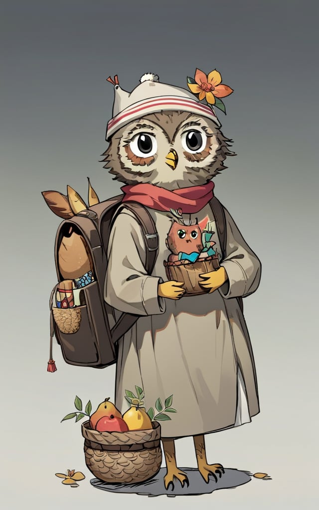 comic_style,children's_painting_style,bird,no humans,owl,bottle,bag,basket,flower,solo,grey background,animal focus,simple background,backpack,animal,hair ornament,hat,looking at viewer,clothed animal,holding,bread,standing,bug,outdoors,leaf,shadow,sitting,stick,black eyes,food,gradient background,fruit,closed mouth,<lora:好吃米-儿童绘本:0.8>,