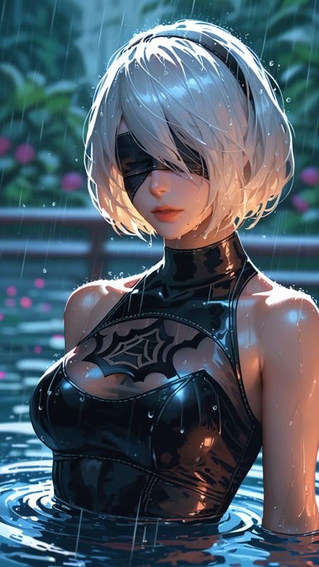 score_9, score_8_up, score_7_up, 1girl, solo, breasts, short hair, dress, bare shoulders, medium breasts, closed mouth, upper body, white hair, hairband, sleeveless, mole, blurry, black dress, lips, wet, depth of field, blurry background, turtleneck, phone, cellphone, black hairband, wet clothes, mole under mouth, facing viewer, smartphone, rain, water drop, blindfold, wet hair, covered eyes, black blindfold, yorha no. 2 type b